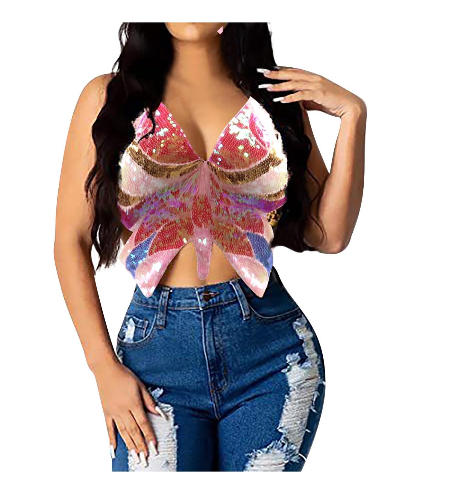 Belly Dance Crop Top for Women - Butterfly Sequin Holder Top Strappy Backless Bandage Tank Perfect for Parties & Clubwear - Buy Online on GoSupps.com