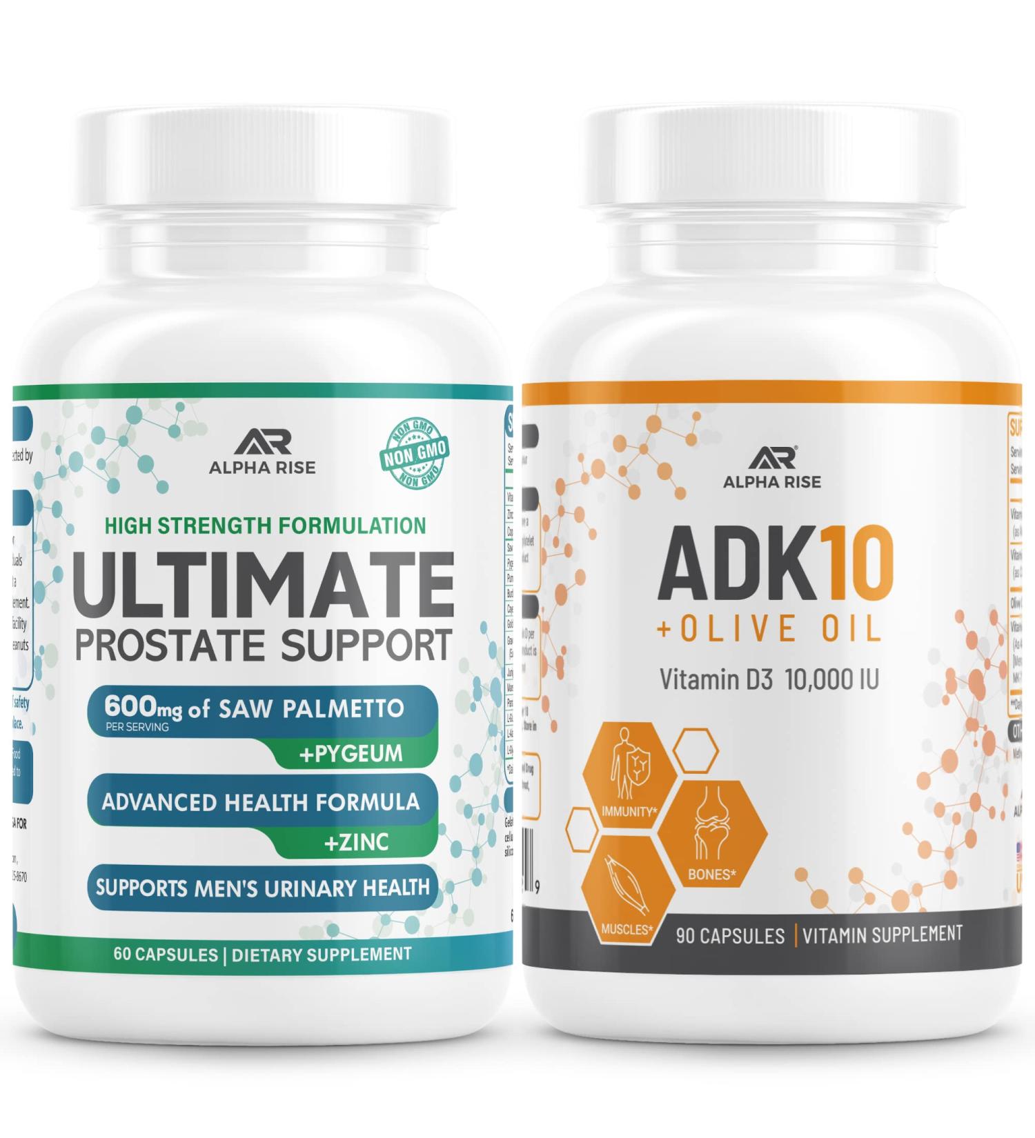 ALPHA RISE Best Over-The-Counter Prostate Support - Prostate Health Supplement for Men (60 Capsules) + ADK 10 Vitamin Supplement + Olive Oil for Better Absorption (90 Vegetarian Capsules) - Buy Online on GoSupps.com
