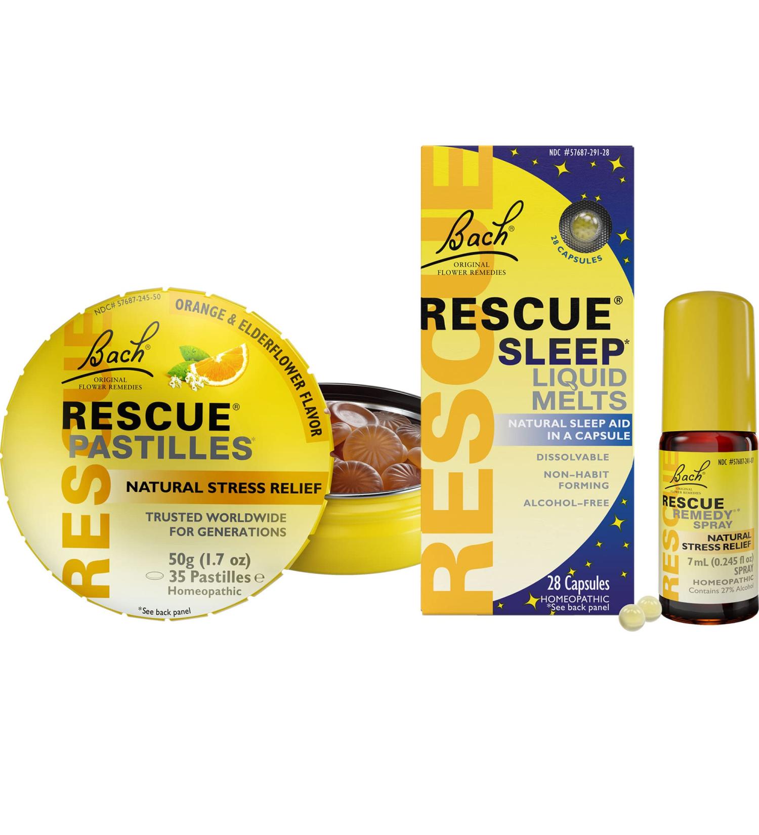 Travel Stress & Sleep Bundle: Bach RESCUE Orange & Elderflower + Sleep Liquid Melts + Remedy Spray 7mL - Homeopathic Flower Remedies - (3 Pack) - Buy Online on GoSupps.com