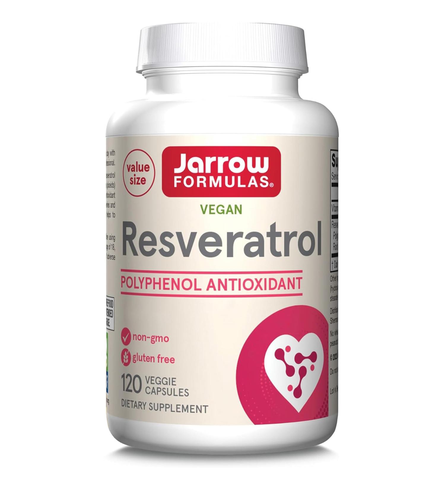 Jarrow Formulas Resveratrol 100mg with Trans-Resveratrol & Vitamin C - High Dose Vegan Capsules (60) - Gluten-Free Non-GMO Lab-Tested - Buy Online on GoSupps.com
