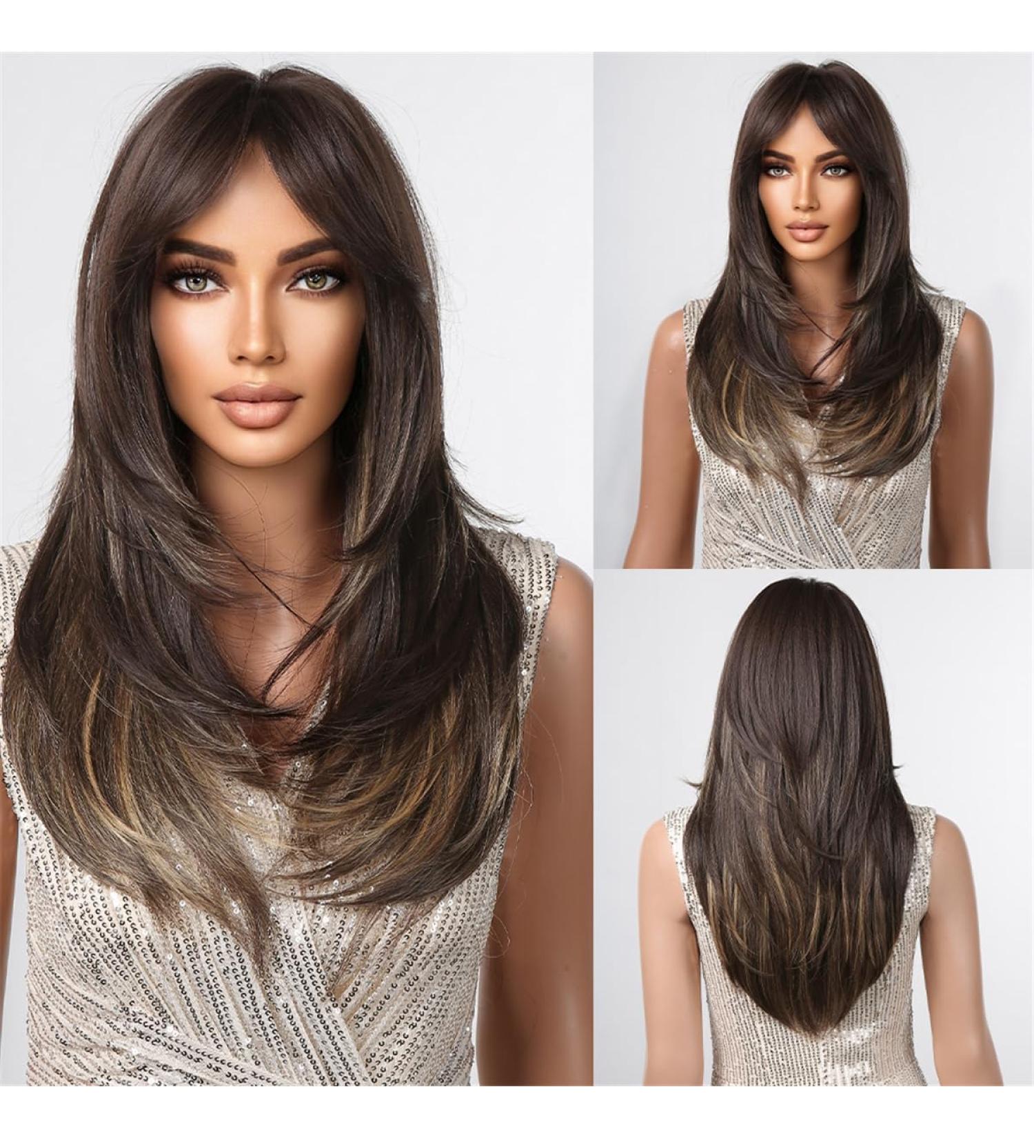 Testar Dark Brown Long Layered Wigs with Bangs for Women - Naturally Looking Synthetic Shoulder-Length Hair for Everyday Use - Buy Online on GoSupps.com