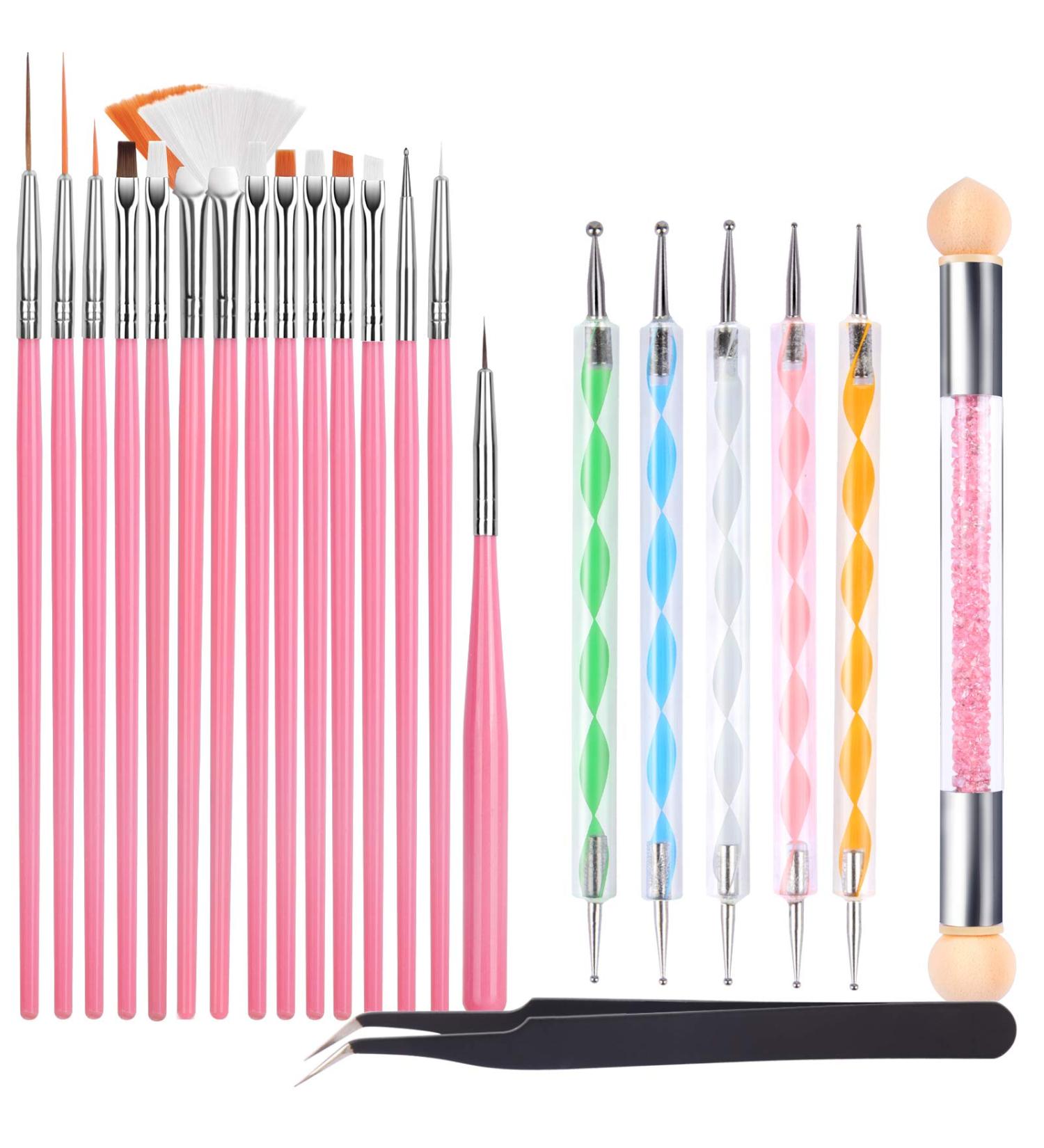 Fandamei 22-Part Nail Art Brush Set - 15 Nail Brushes 5 Dotting Pens Sponge Brushes & Tweezers for Professional Nail Design - Pink - Buy Online on GoSupps.com