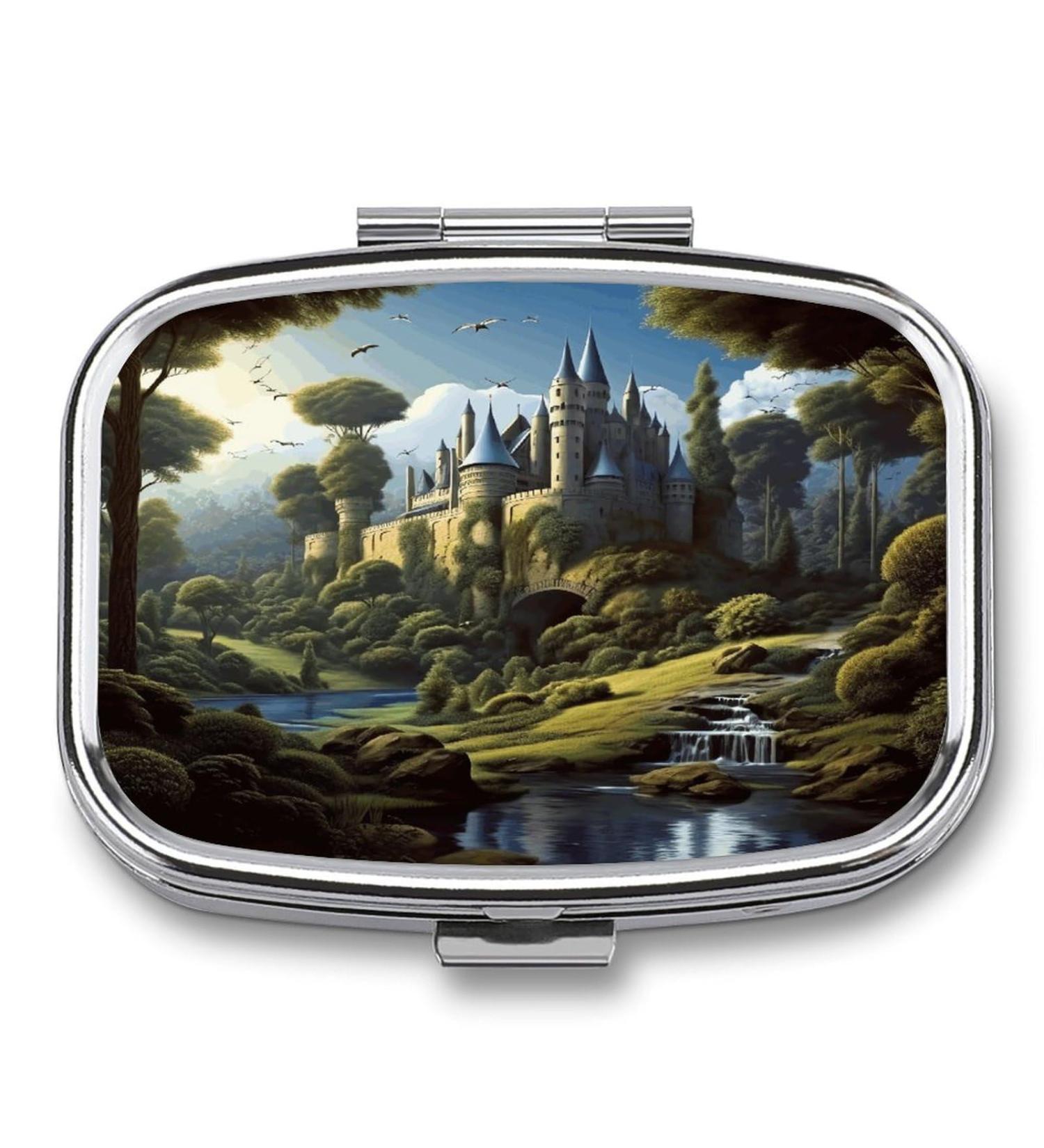 Pill Box with Woods & Castle Print - 2 Compartment Portable Pill Organizer | Decorative Metal Medicine Case for Pocket & Purse - Buy Online on GoSupps.com