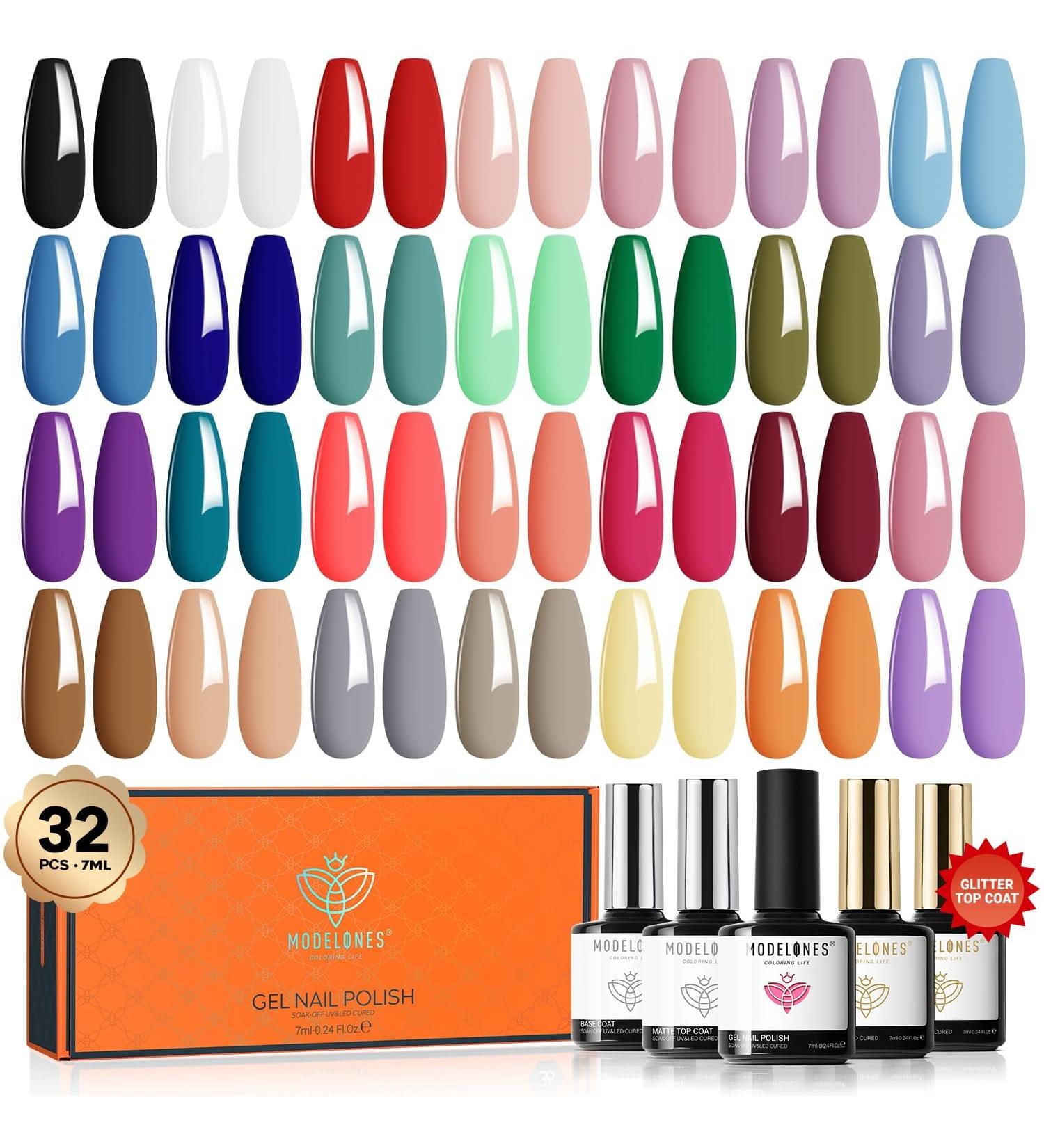 Modelones 32 PCS Gel Nail Polish Kit 28 Colors All Seasons Gel Polish with Base Coat Glossy & Glitter & Matte Top Coat and Nail Primer Black Brown Red Purple UV Gel Nail Gifts for Women DIY Salon Home Black Nude - Buy Online on GoSupps.com