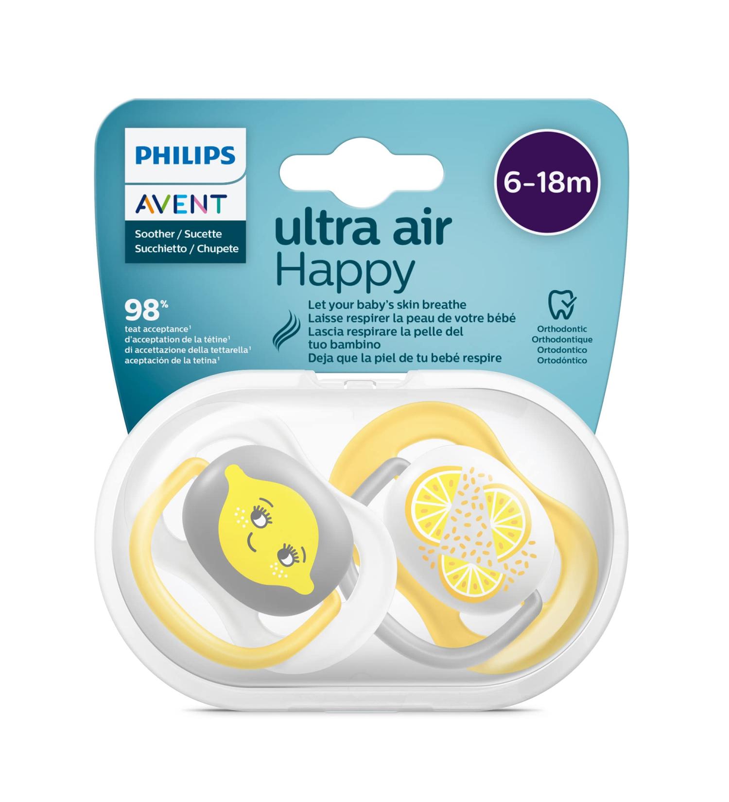 Philips Avent Ultra Air Pacifier 2-Pack | BPA-Free Breathable for 6-18 Months | Includes Sterilization Box | Lemon/Orange (SCF080/18) - Buy Online on GoSupps.com