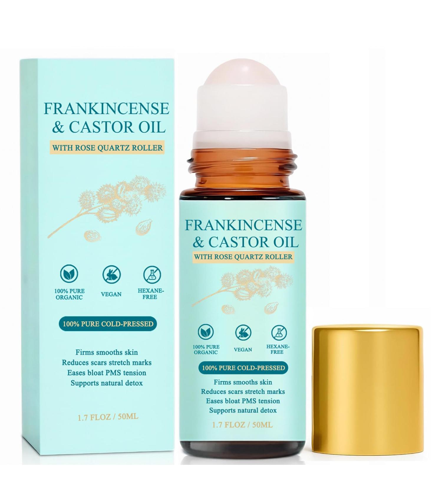 Frankincense and Castor Oil Rose Quartz Roller Organic Cold-Pressed Castor Oil Roll-On with Removable Rose Quartz | Firms Smooths Skin Brightens Eyes Reduces Scars Stretch Marks 1.7FLOZ 1pcs 1 Ounce (Pack of 1) - Buy Online on GoSupps.com