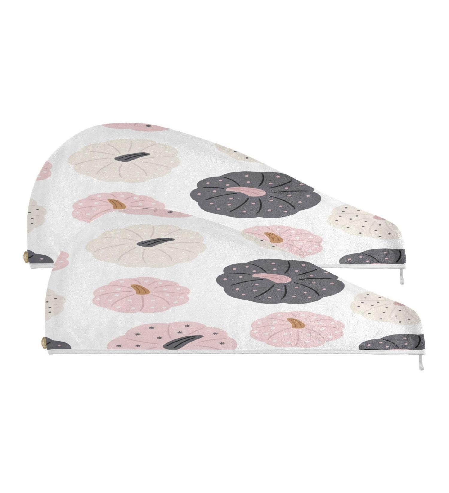 Doodle Cute Pumpkin Pattern Dry Hair Cap & Towel Set - 2 Piece Quick Drying Super Absorbent & Soft Headband - Buy Online on GoSupps.com