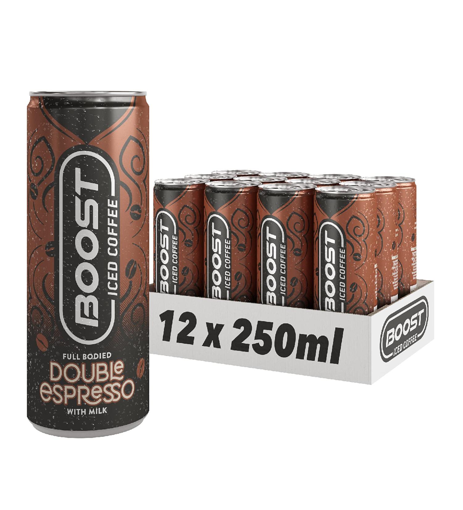 Boost Iced Coffee Double Espresso 12 x 250ml - Smooth and Mellow Cold Brew with Milk | 100% Arabica and Robusta Beans | Ready-to-Drink Caffeine Boost - Buy Online on GoSupps.com