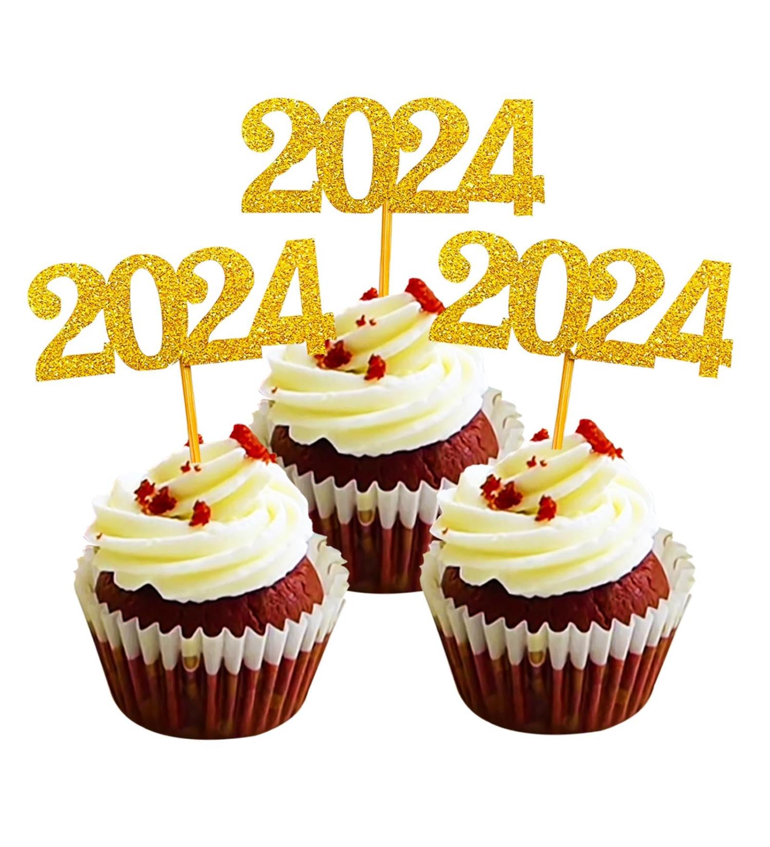 Topfunyy 24 Pack New Year Cupcake Toppers Gold Glitter Number 2024 New Year Cake Toppers Food Picks Decorations for 2024 New Year Birthday Graduation Wedding Party Favors - Buy Online on GoSupps.com