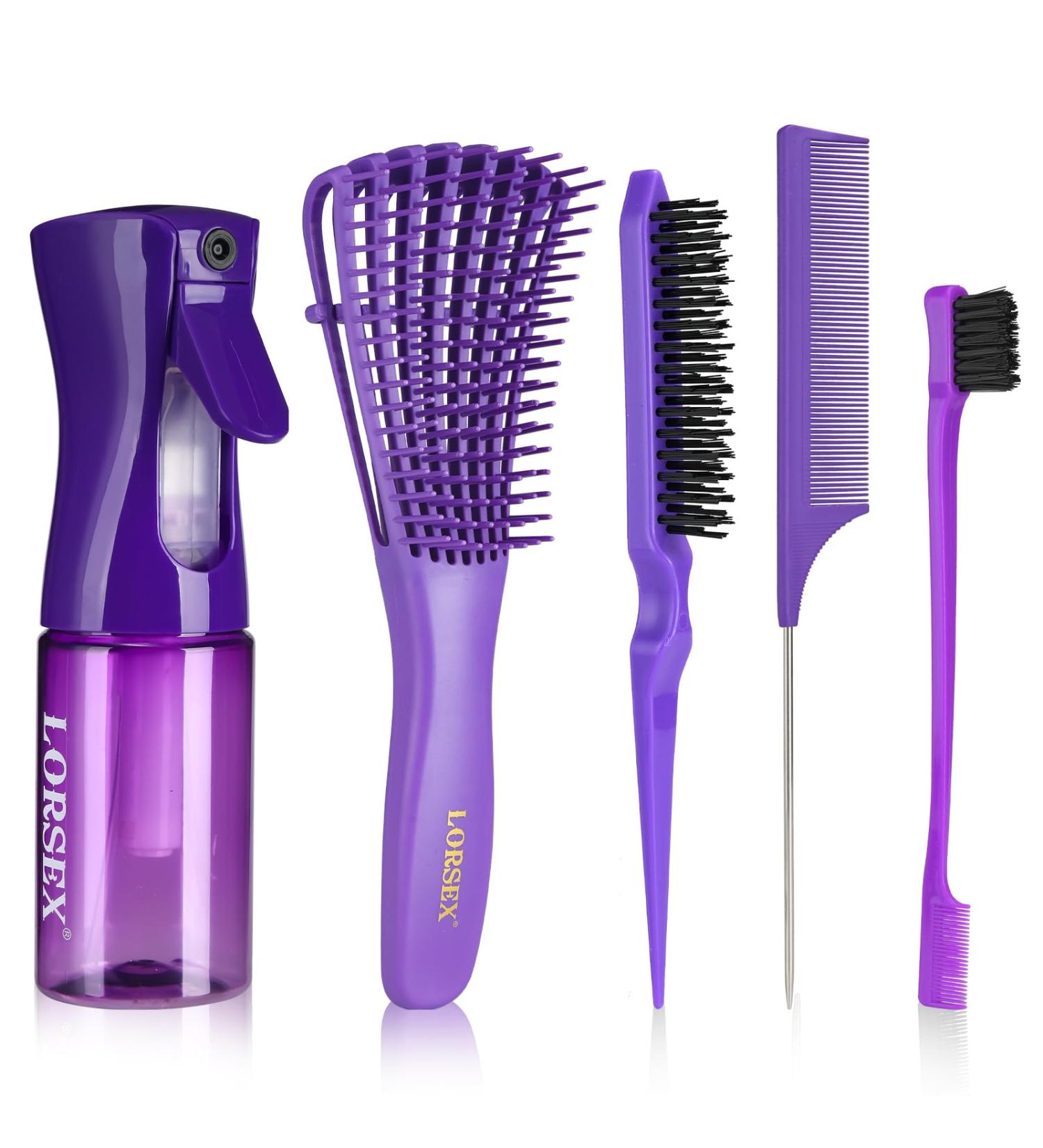Lorsex Hairbrush & 200ml Spray Bottle Set for Natural Afro Hair (3a-4c) - 3-Piece Toupier Brush Set for Wavy & Curly Styles - Violet - Buy Online on GoSupps.com