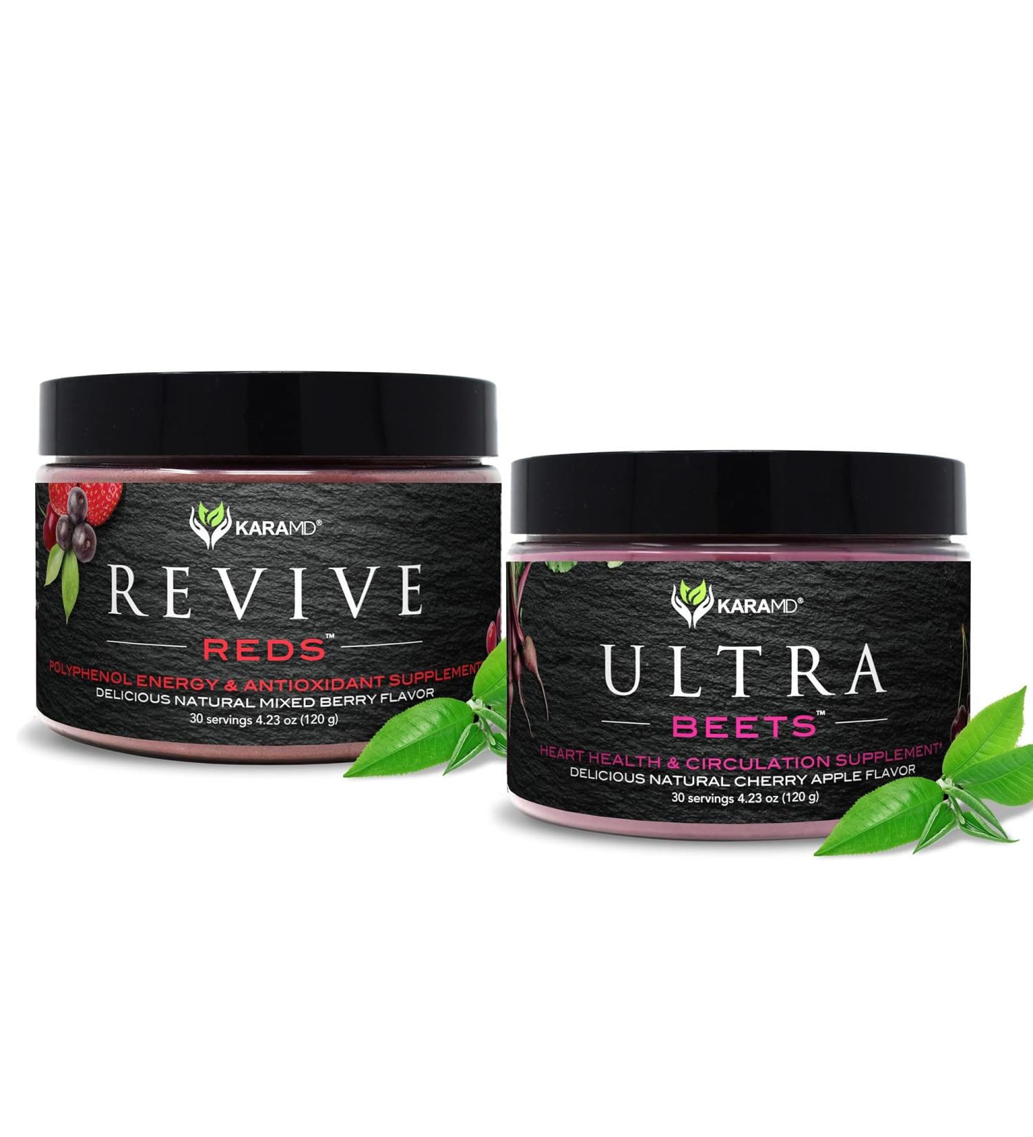 KaraMD Revive Reds Polyphenol Energy Booster & UltraBeets Beetroot Superfood Powder | Antioxidants Shilajit Beetroot Nitric Oxide Booster | Non-GMO Gluten Free Vegan Friendly (30 Servings) - Buy Online on GoSupps.com