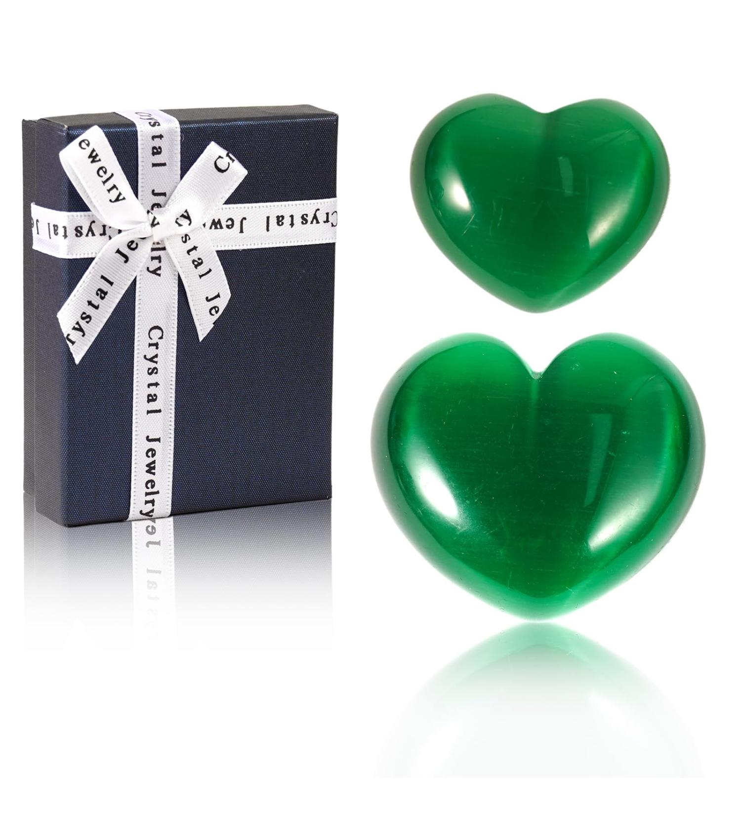 Green Cat's Eye Crystal Heart Shape Healing Stones - 2Pcs Set for Reiki Meditation Therapy and Birthday Gift - Buy Online on GoSupps.com