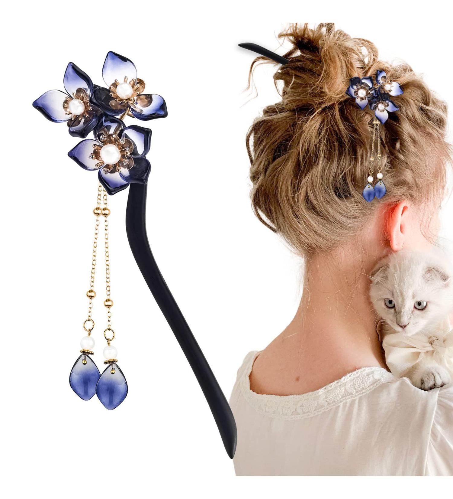 Vintage Wooden Chinese Hair Stick with Tassel - Handmade Flower Design for Long Hairpin - Buy Online on GoSupps.com