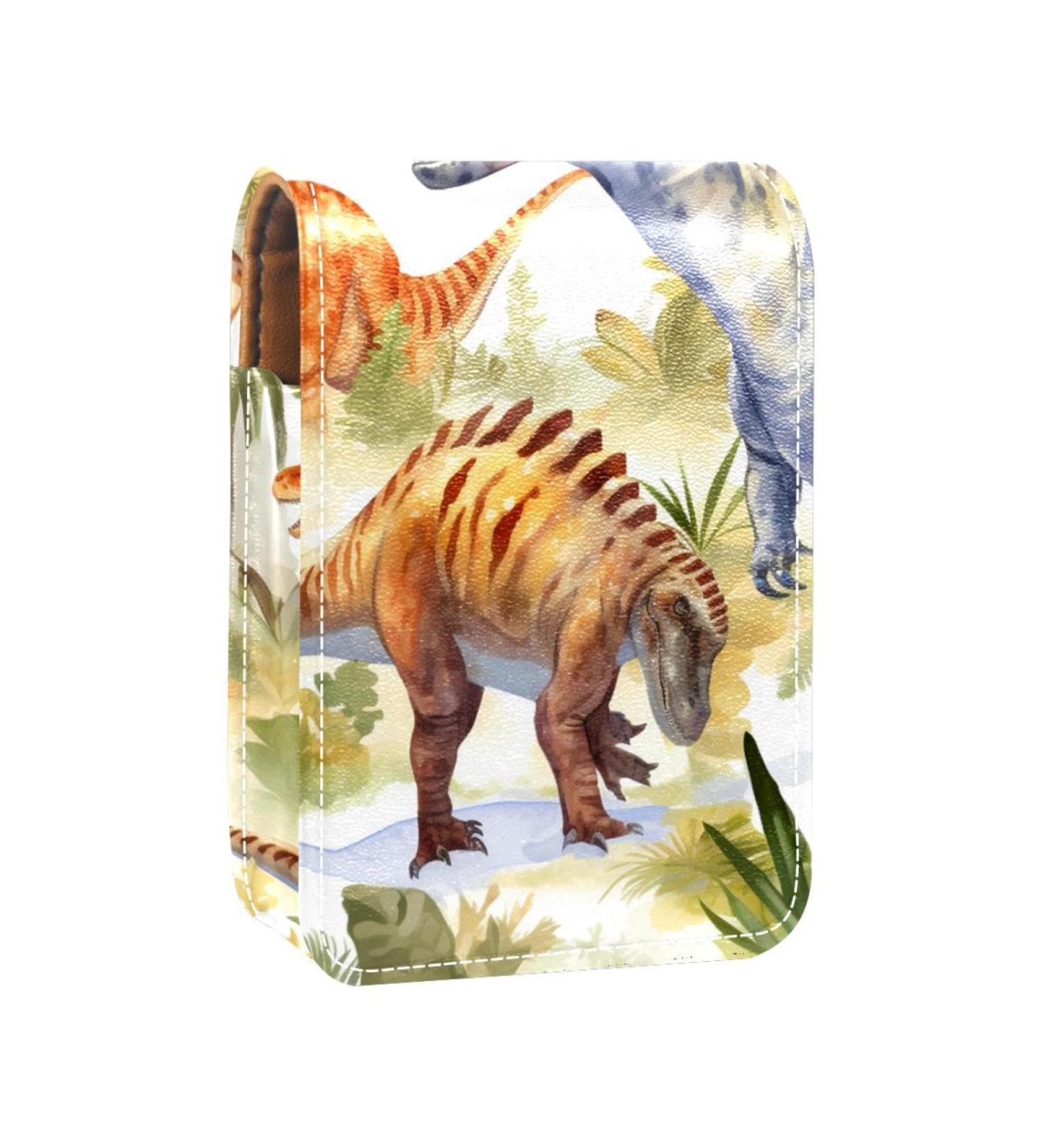 Dinosaur Cartoon Leather Lipstick Case | Mini Lip Gloss Organizer with Mirror - Stylish Makeup Storage - Buy Online on GoSupps.com