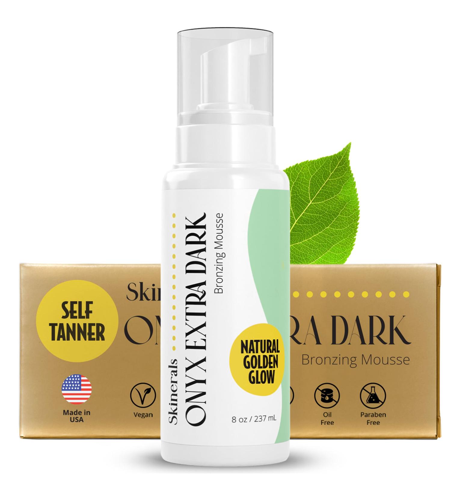 Skinerals Self Tanner Mousse - Onyx Extra Dark | Organic No-Streak Sunless Tanner - Long Lasting 8oz Tanning Foam for Face & Body - Buy Online on GoSupps.com