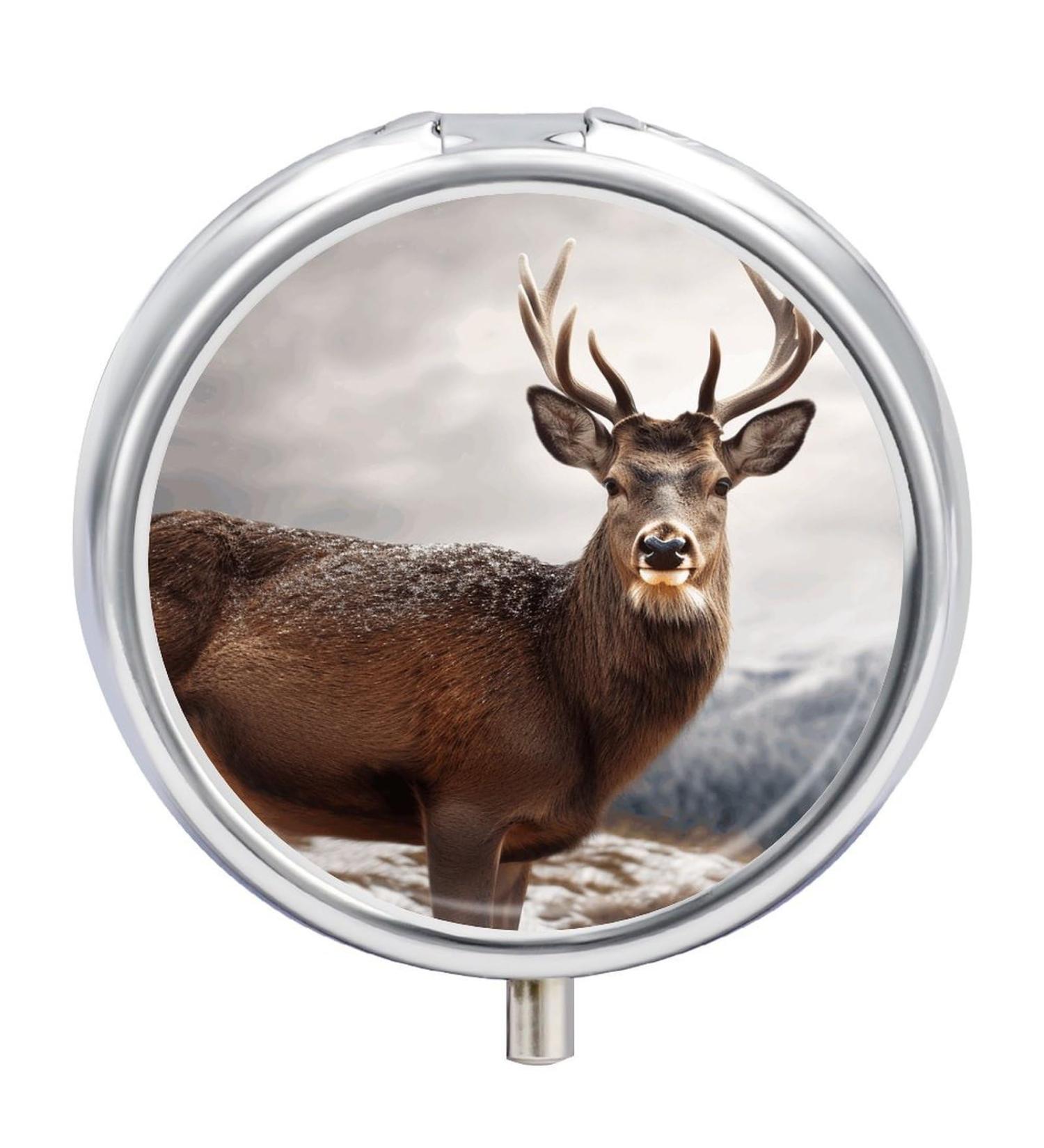Round Pill Box with Wild Animals Deer Print - 3 Compartment Metal Pill Organizer | Portable Decorative Pill Case - Style-9 - Buy Online on GoSupps.com