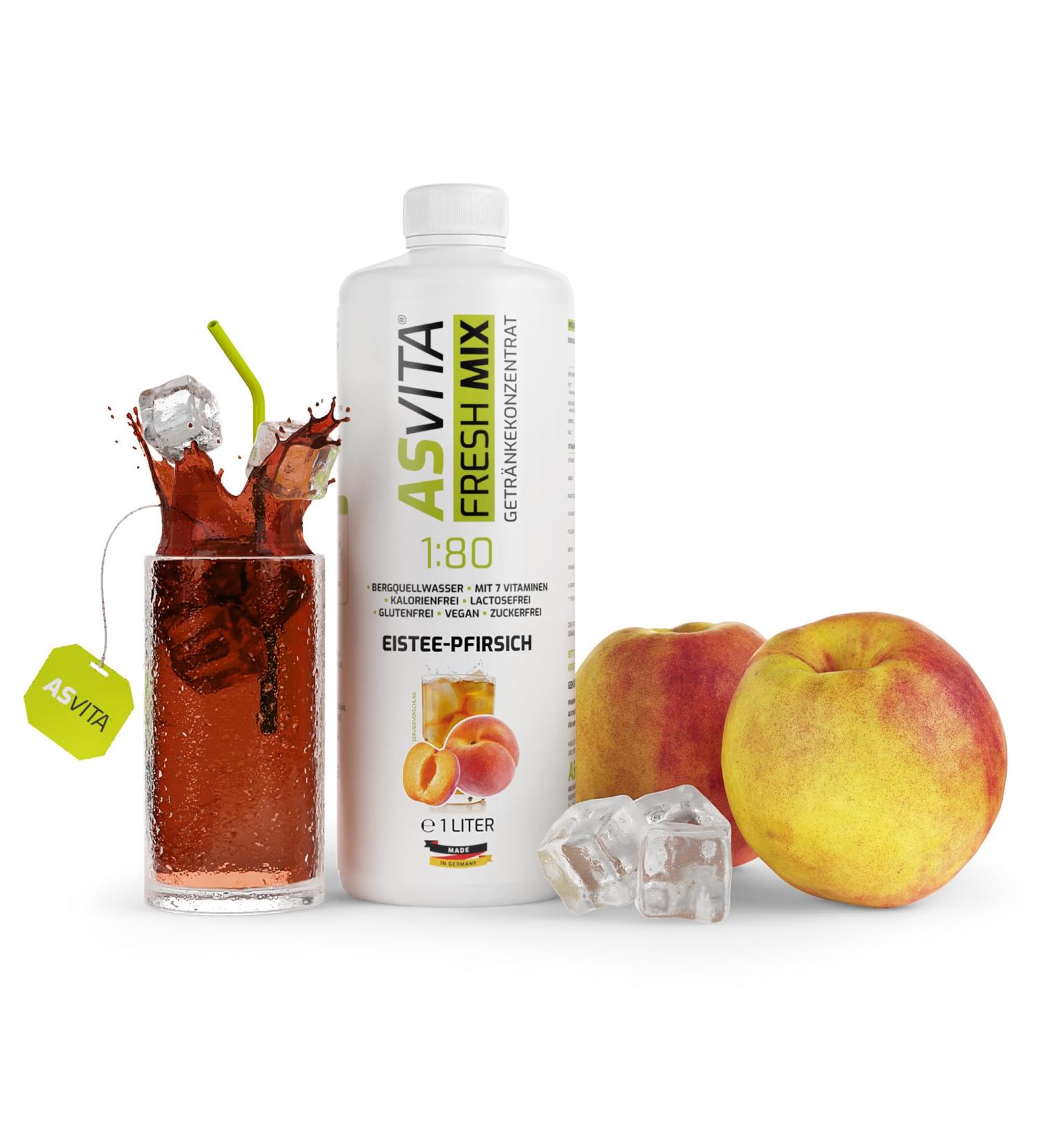 ASVITA Beverage Concentrate Fresh Mix 1:80 - Sugar-Free Syrup in 26 Flavors | Iced Peach Vital Drink - 1L Bottle - Buy Online on GoSupps.com