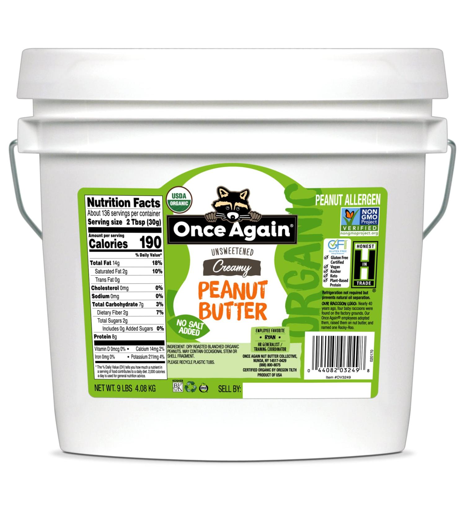 Once Again Organic Creamy Peanut Butter 9lbs - Salt Free, Unsweetened, Gluten Free, Vegan, USDA Certified - Buy Online on GoSupps.com