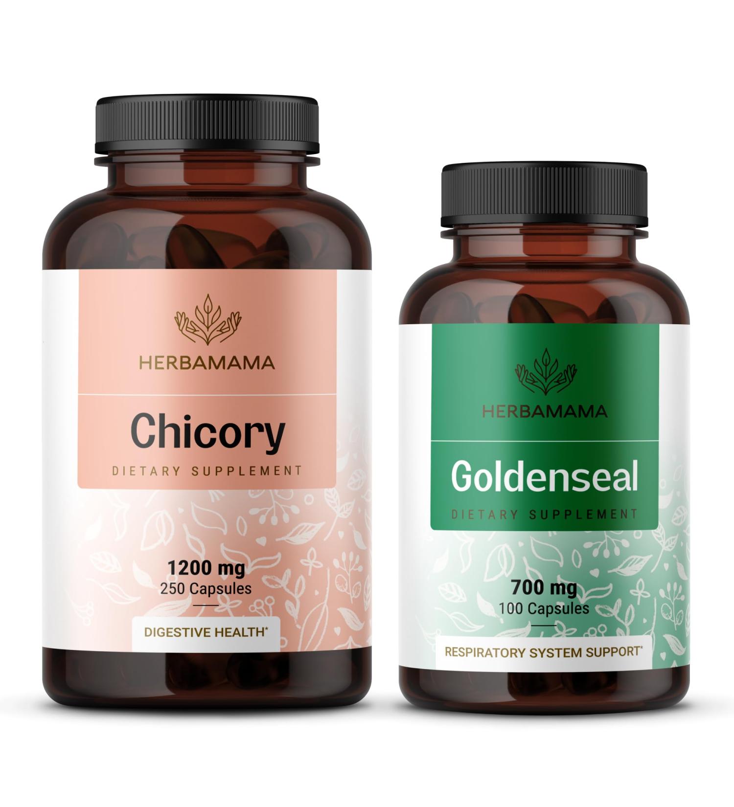 HERBAMAMA Chicory and Goldenseal Kit - Bundle of Chicory Root Capsules 250 & Goldenseal Root Capsules - Vegan Non-GMO Sugar & Alcohol-Free - 2 Pack - Buy Online on GoSupps.com