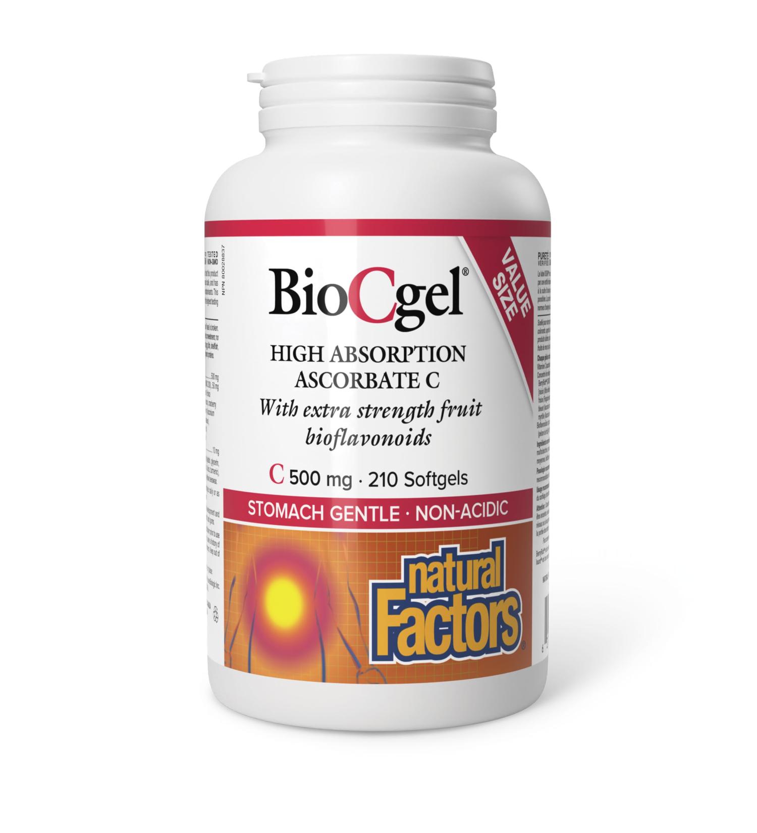 Natural Factors BioCgel 500 mg 210 softgels Value Size High Absorption Vitamin C pH-Neutral Gentle on the Stomach Helps in the Development and Maintenance of Bones Cartilage Teeth & Gums Supports Immune Function - Buy Online on GoSupps.com