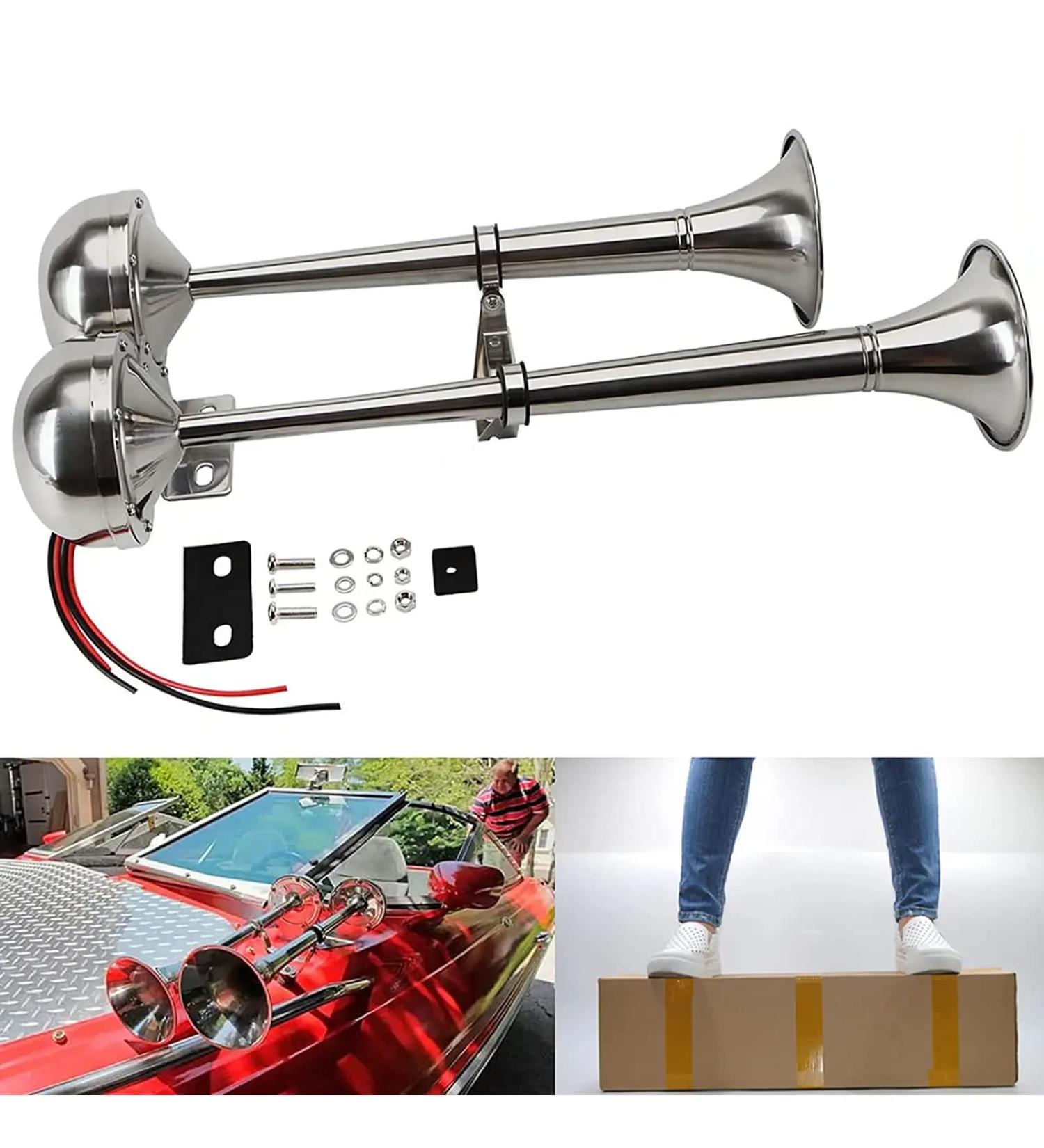 12V Marine Boat Trumpet Horns - Polished Stainless Steel, Low and High Tone, Adjustable Support - Dual Trumpet Set - Buy Online on GoSupps.com
