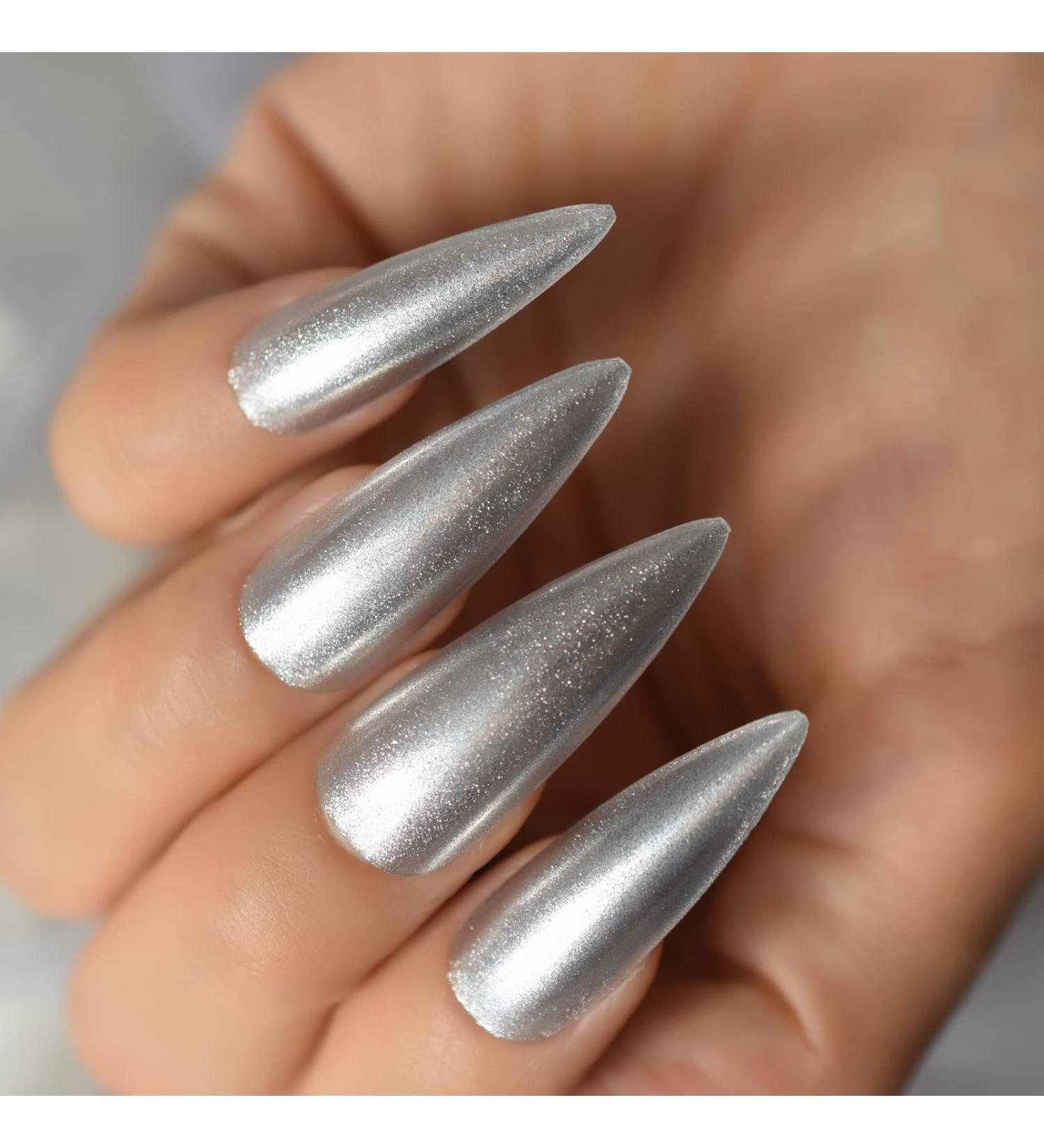 Long Stiletto Silver Glitter Press On Nails - High Gloss Reusable Acrylic Full Cover Fake Nails Kit (24 Pieces) - International Shipping Available - Buy Online on GoSupps.com