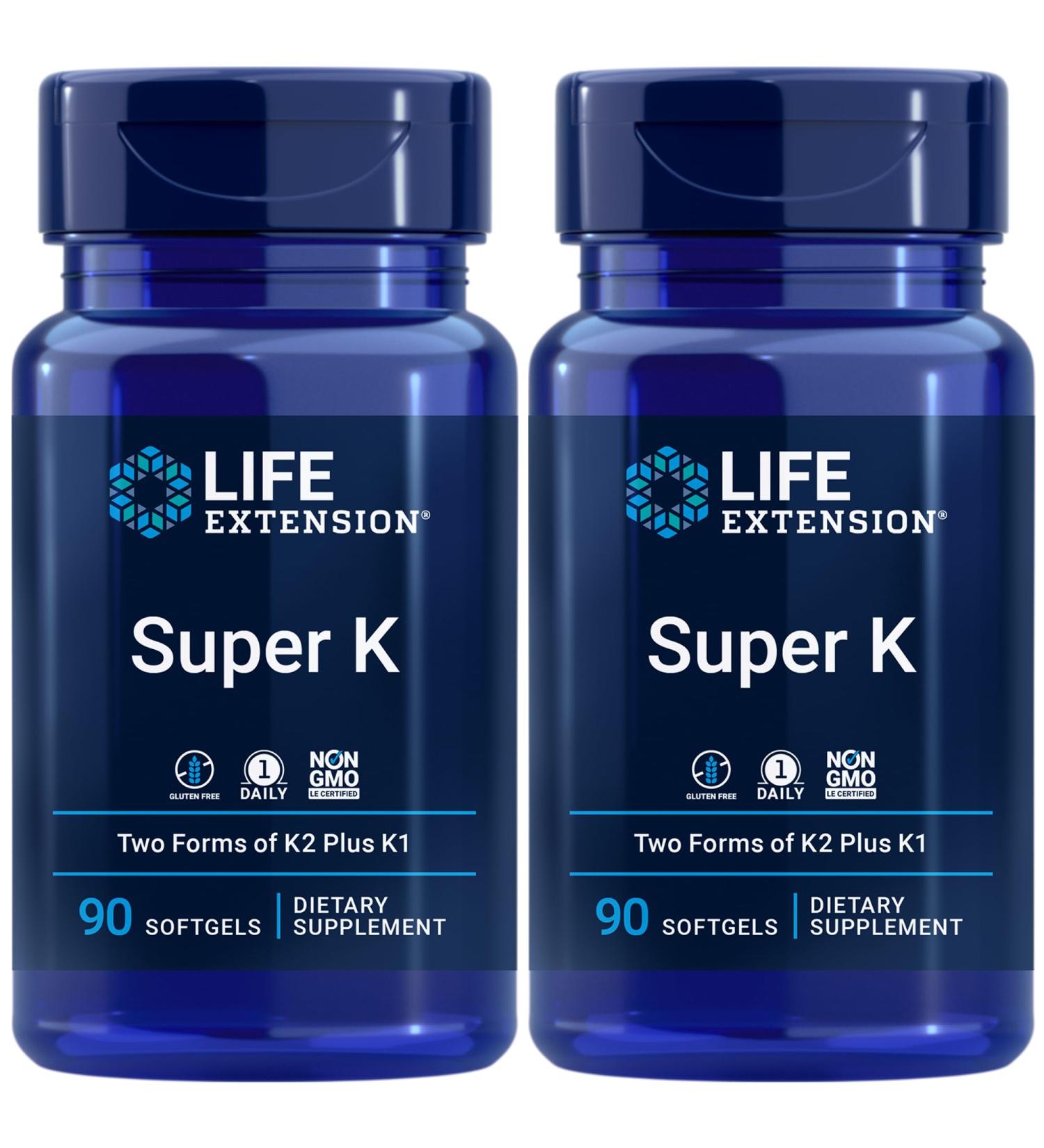 Life Extension Super K Vitamin K1 Vitamin K2 mk-7 Vitamin K2 mk-4 Vitamin C Bone/Heart/arterial Health 3-Month Supply Gluten-Free 1 Daily Non-GMO 90 softgels (Pack of 2) Unflavored 90 Count (Pack of 2) - Buy Online on GoSupps.com