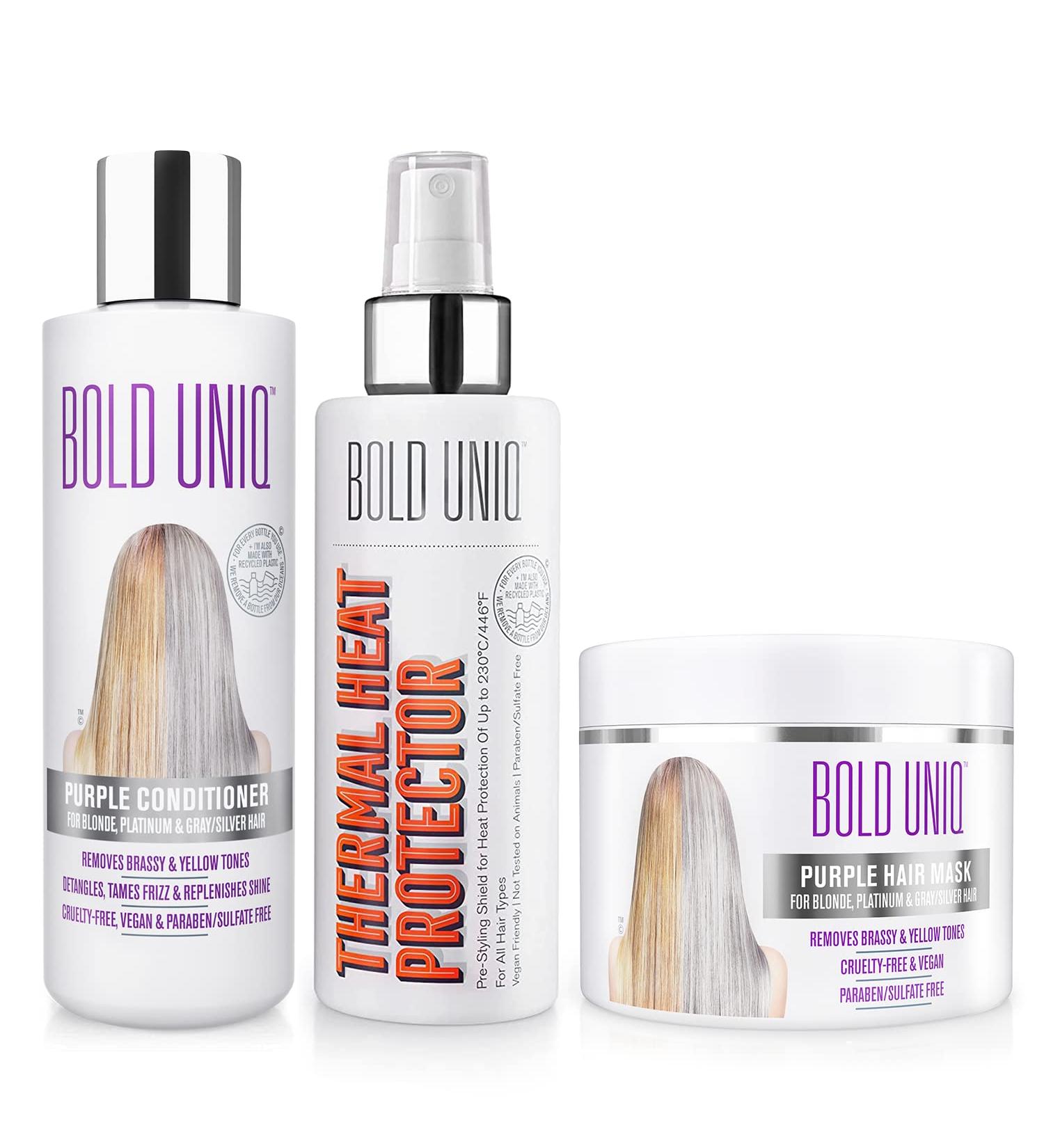 BOLD UNIQ Purple Hair Mask & Heat Protectant Bundle for Blonde, Platinum, Silver, Gray, and Ash Hair - Cruelty Free and Vegan - Buy Online on GoSupps.com