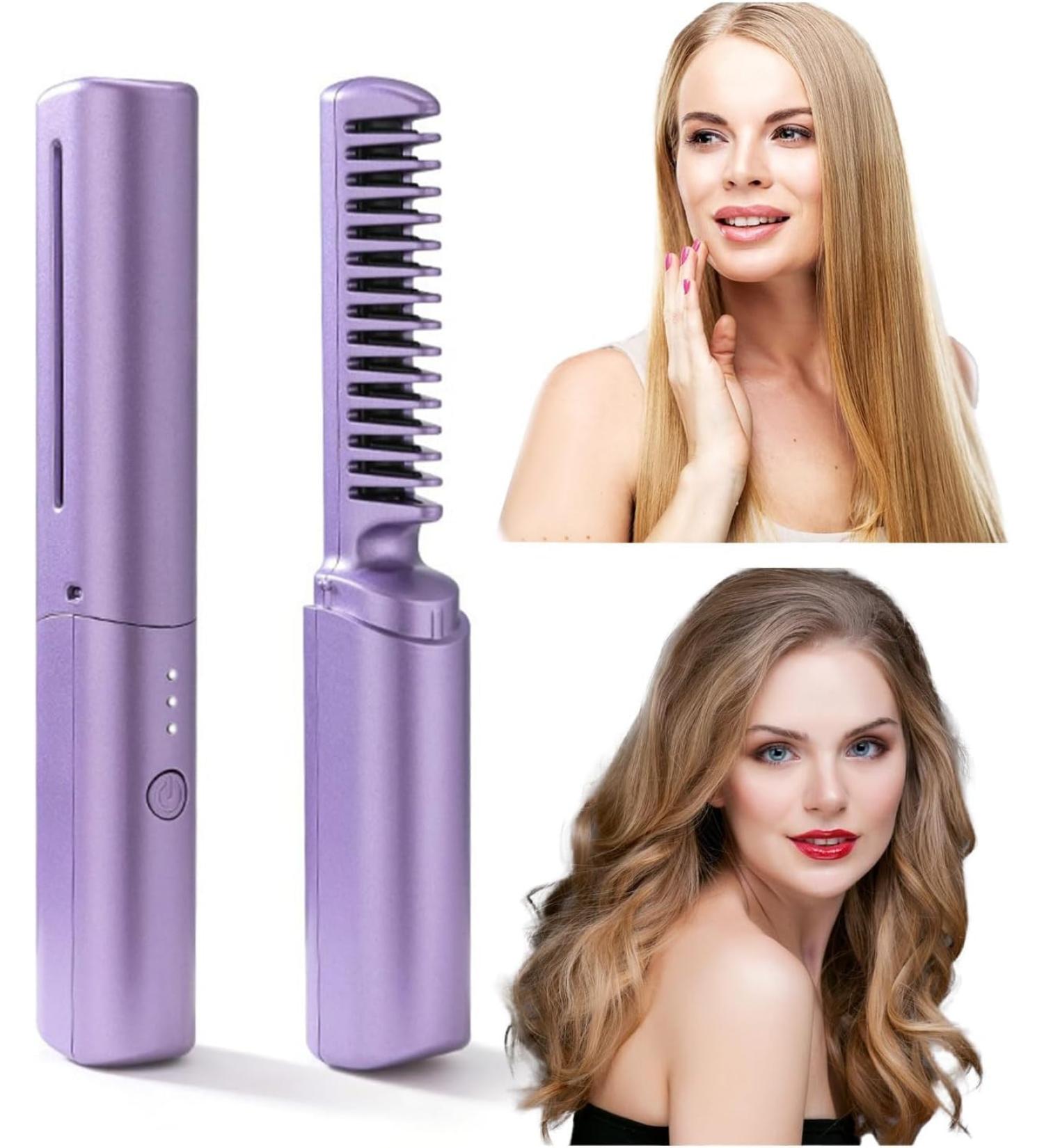 Rechargeable Mini Hair Straightener & Curler - Portable Cordless 2-in-1 Anti-Scald Styling Comb | Travel-Friendly Negative Ion Brush - Buy Online on GoSupps.com