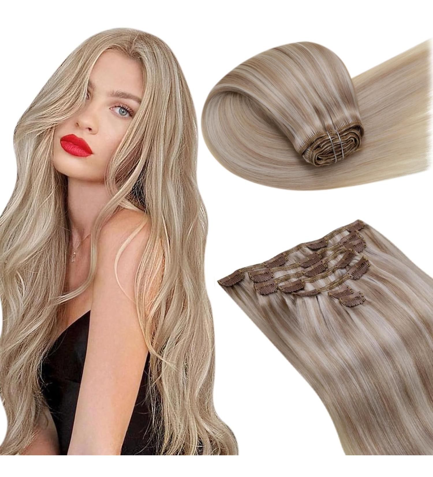 Shop Laavoo Clip In Hair Extensions - Real Hair 40cm Ash Blonde Highlights 7 Piece Set 105g - #18/613 - Buy Online on GoSupps.com