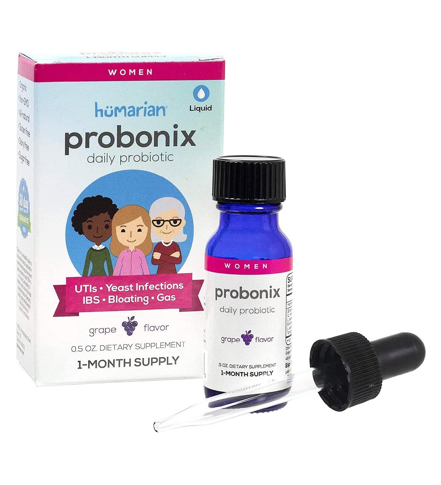 Probonix Probiotics for Women Organic Non-GMO Liquid Drops for Gut Health Yeast & UTI Support 30-Day Supply with 12 Live Strains Grape Flavor - Buy Online on GoSupps.com