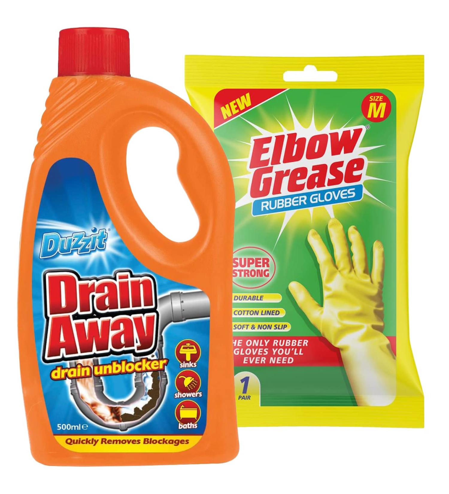 Duzzit Drain Away Drain Unblocker Liquid Formular for Sink Bath Shower 500ml with Free Elbow Grease Household Medium Rubber Gloves - Buy Online on GoSupps.com