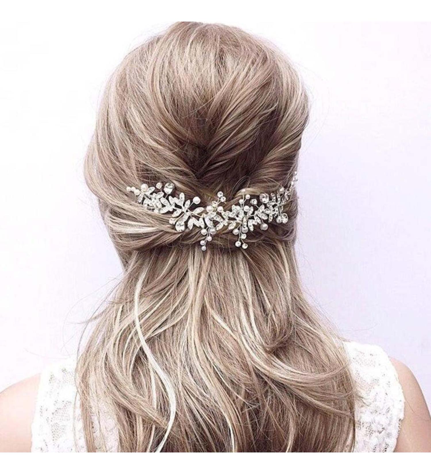 Foyte Crystal Bride Wedding Hair Comb | Bridal Headpiece with Rhinestone Flower & Pearl | Silver Leaf Hair Accessory for Women & Girls - Buy Online on GoSupps.com