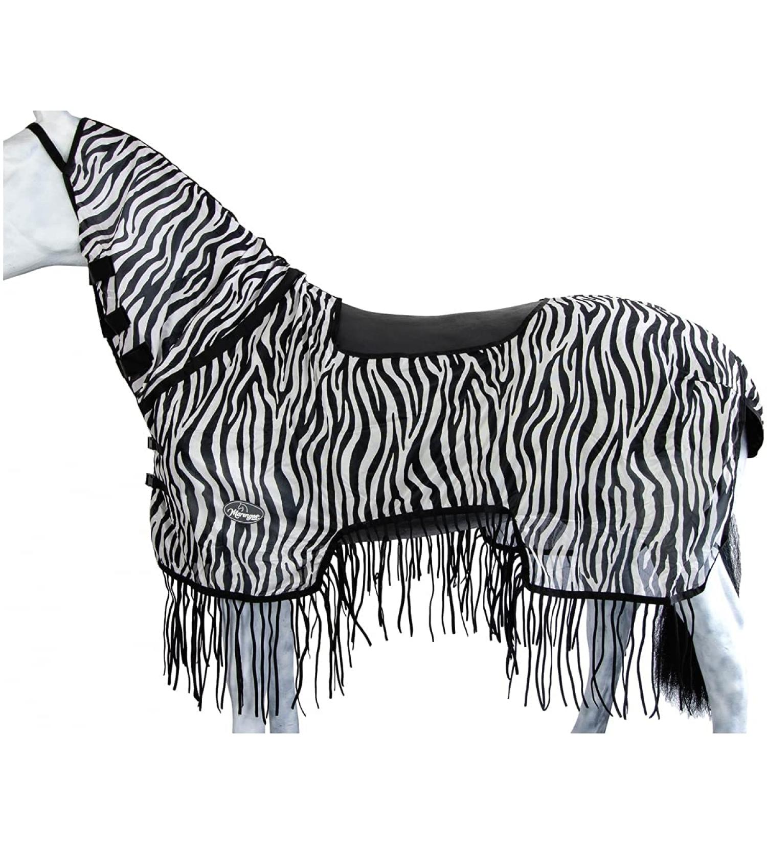 Marengos Zebra Fly Outdoor Ceiling Blanket with Fringes | Insect Protection for Horses | Saddle Cutout & Neck Part | Black & White 135 cm - Buy Online on GoSupps.com
