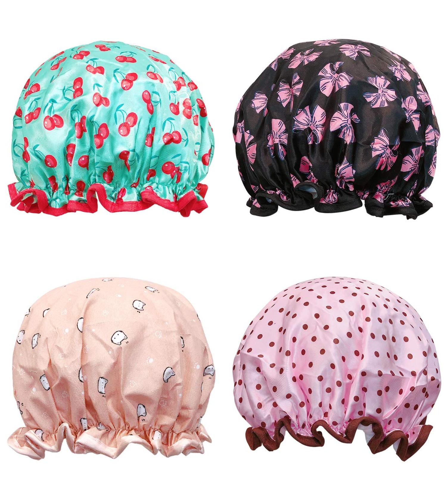 Wrapables Double Layer Waterproof Shower Caps Set of 4 - Dots, Cherries, Kitties Design - Buy Online on GoSupps.com