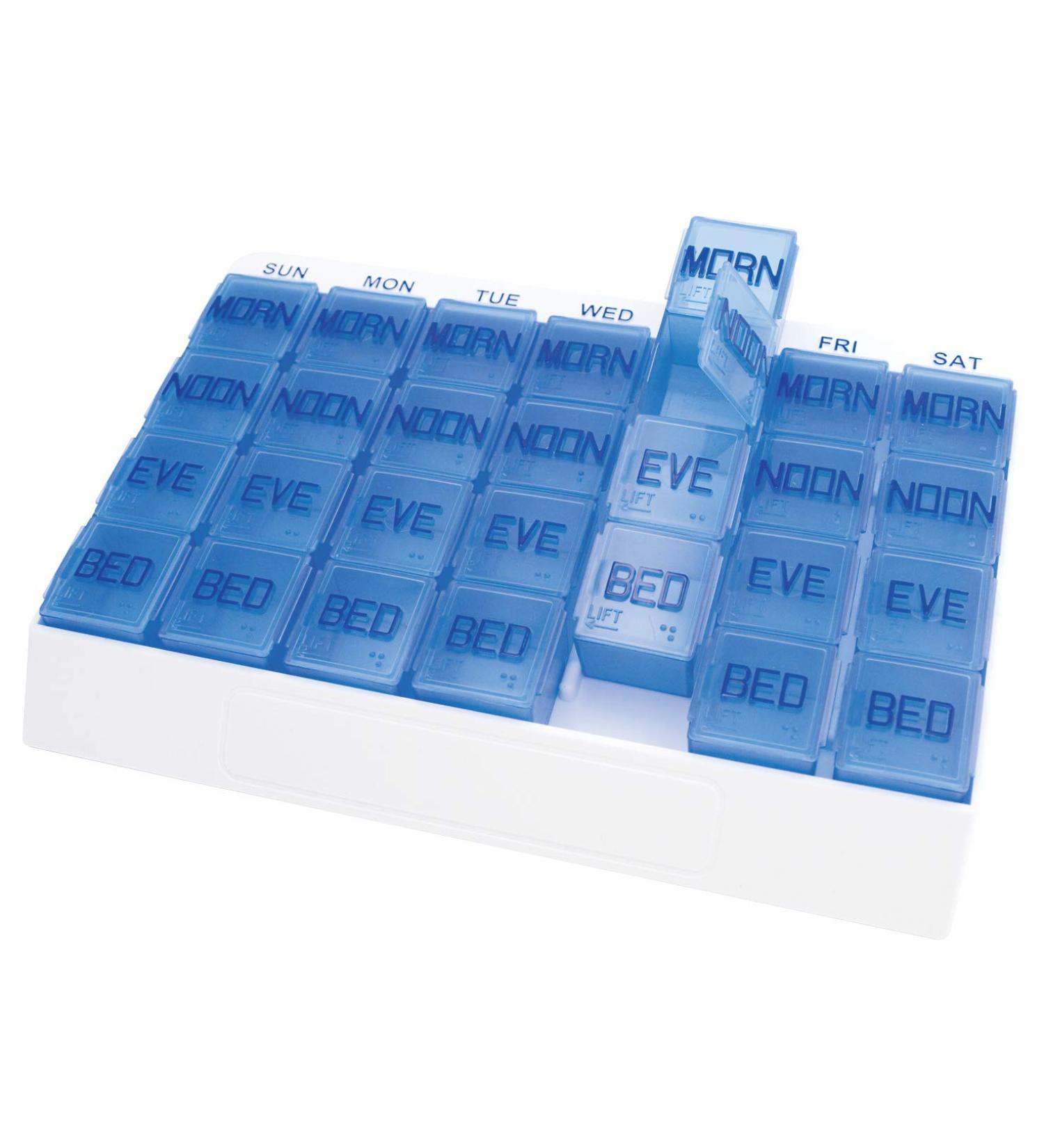 Apex Large 7 Day Weekly Pill Organizer - Easy-Open 4 Times a Day Medication & Vitamin Organizer - Transparent Design for Easy Viewing - Buy Online on GoSupps.com