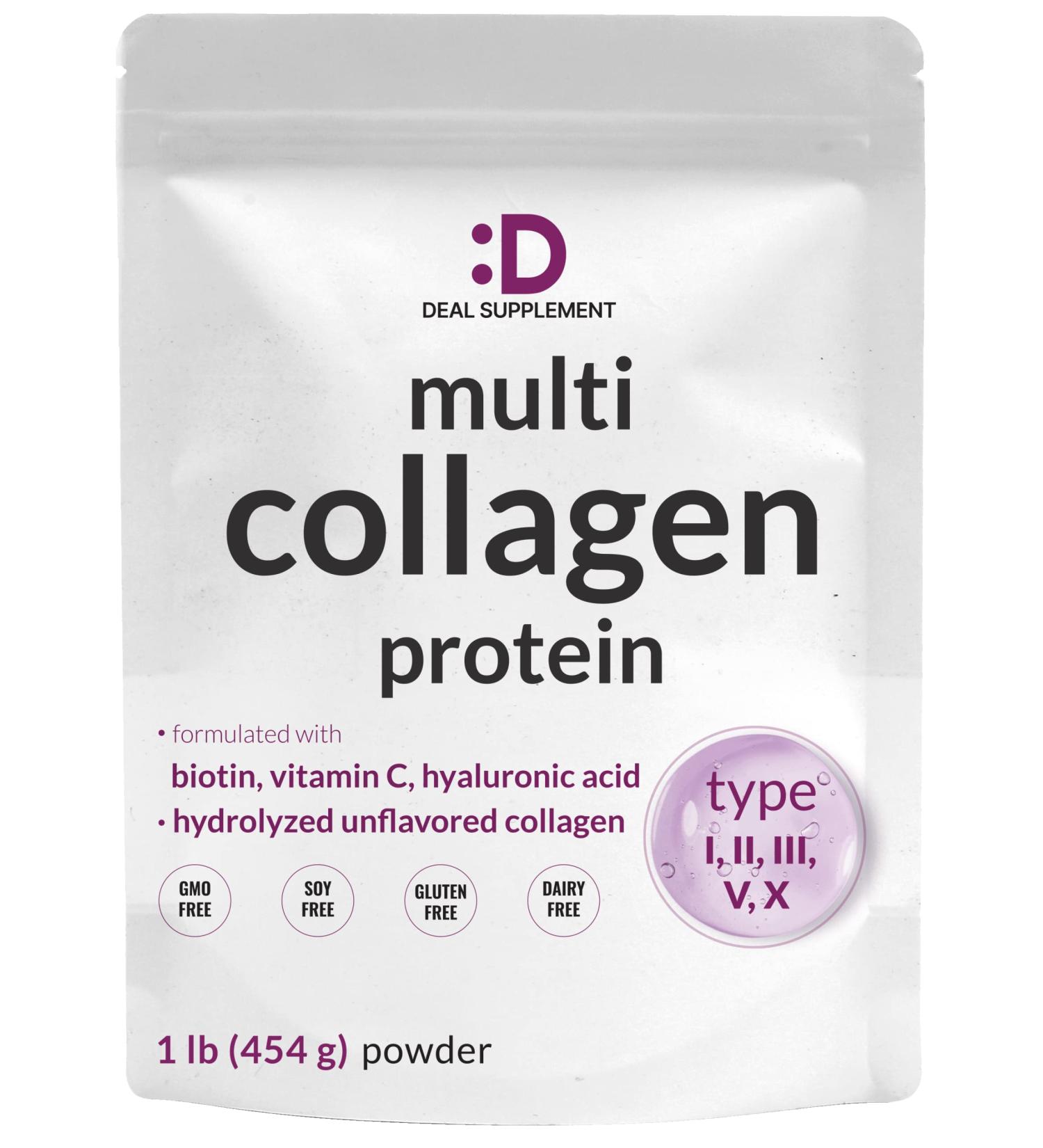 Multi Collagen Protein Powder 1Lb - Type I II III V X Collagen Peptides with Biotin 10000mcg Vitamin C & Hyaluronic Acid - Unflavored - Keto & Paleo Friendly Great for Hair Skin Nails & Joints - Buy Online on GoSupps.com