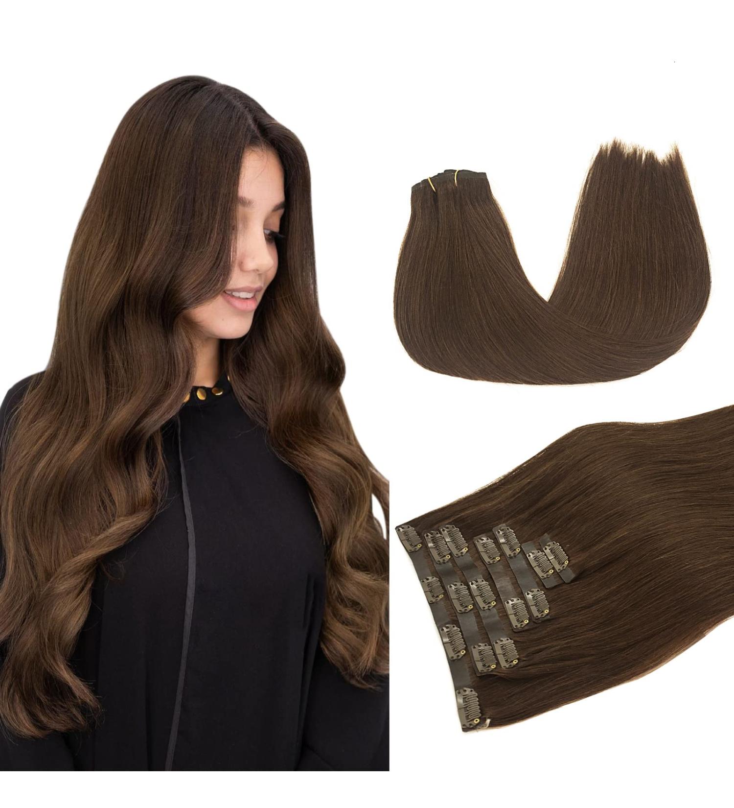 Doores Seamless Real Hair Extensions - 45cm 18 Inch Chocolate Brown 110g Remy Human Clip-Ins | Thick Hair Natural Look - Buy Online on GoSupps.com