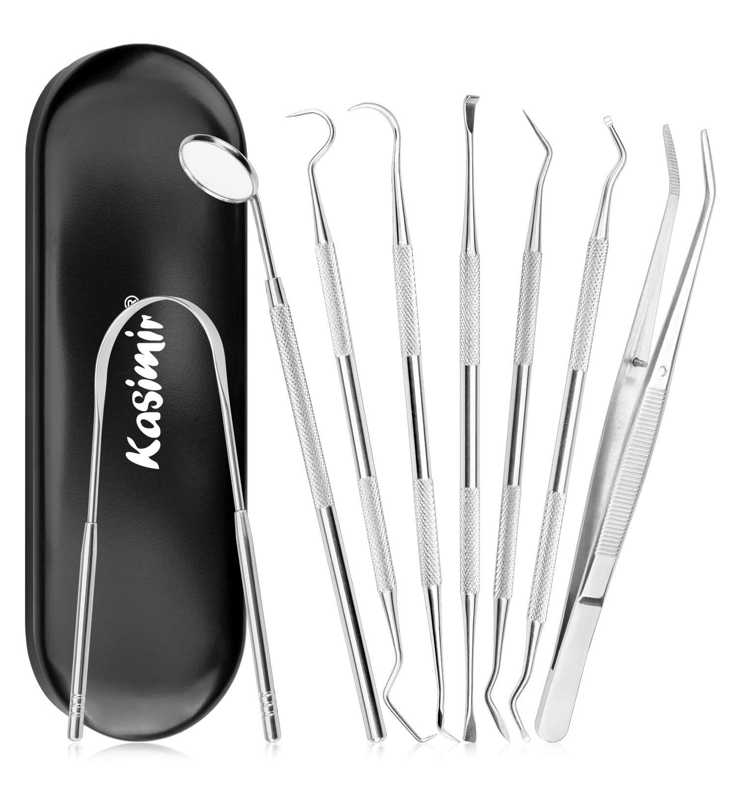 Kasimir 8-Piece Professional Dental Care Set | Tartar Remover & Stainless Steel Tools | Dentist Instrument Kit with Tweezers Mouth Mirror & Scaler - Buy Online on GoSupps.com