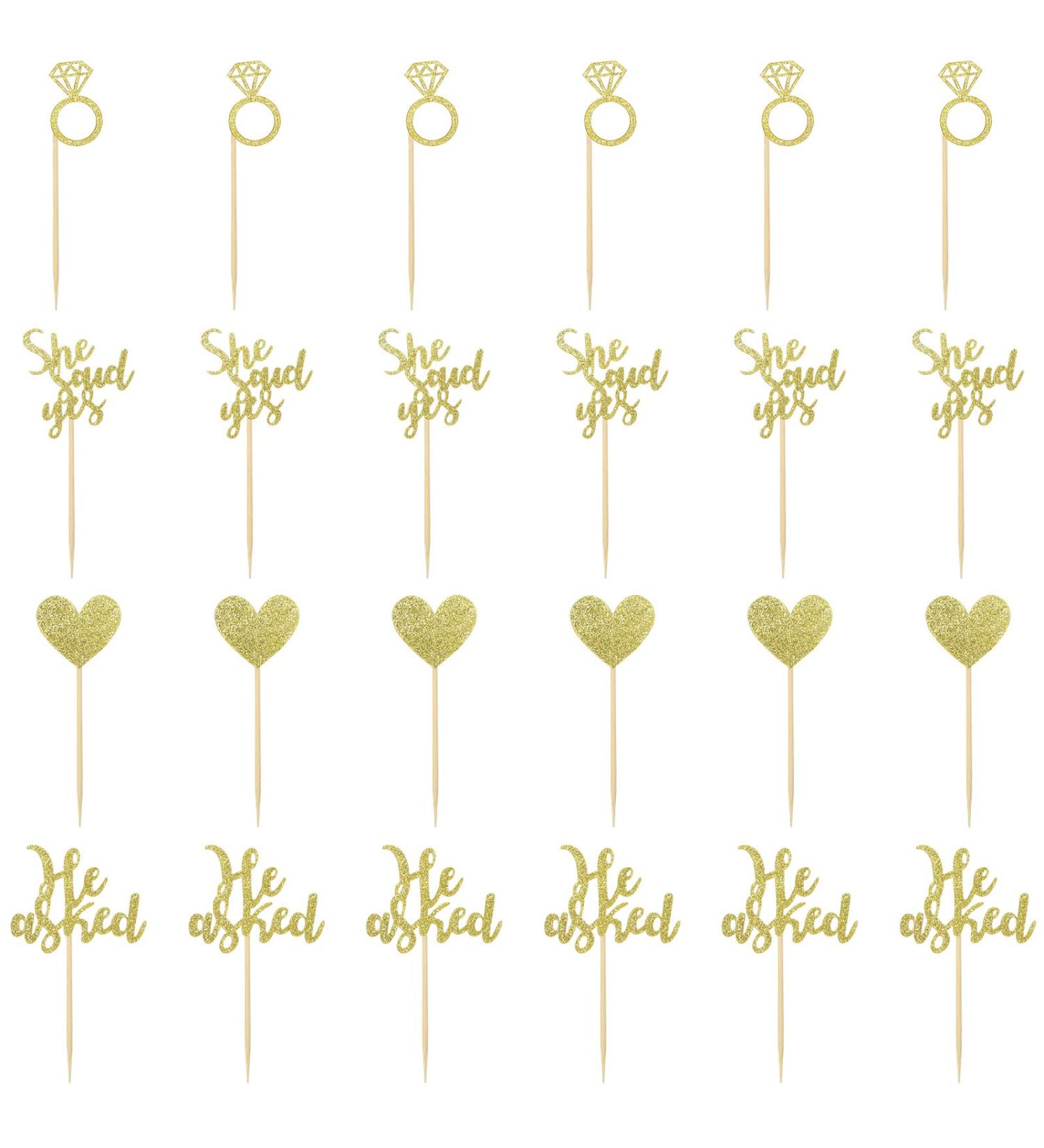 24 Pcs Gold Glitter Wedding Cupcake Toppers He Asked She Said Yes Cupcake Toppers Heart Diamond Ring Wedding Engagement Cupcake Picks Bridal Shower Party Cake Decorations - Buy Online on GoSupps.com
