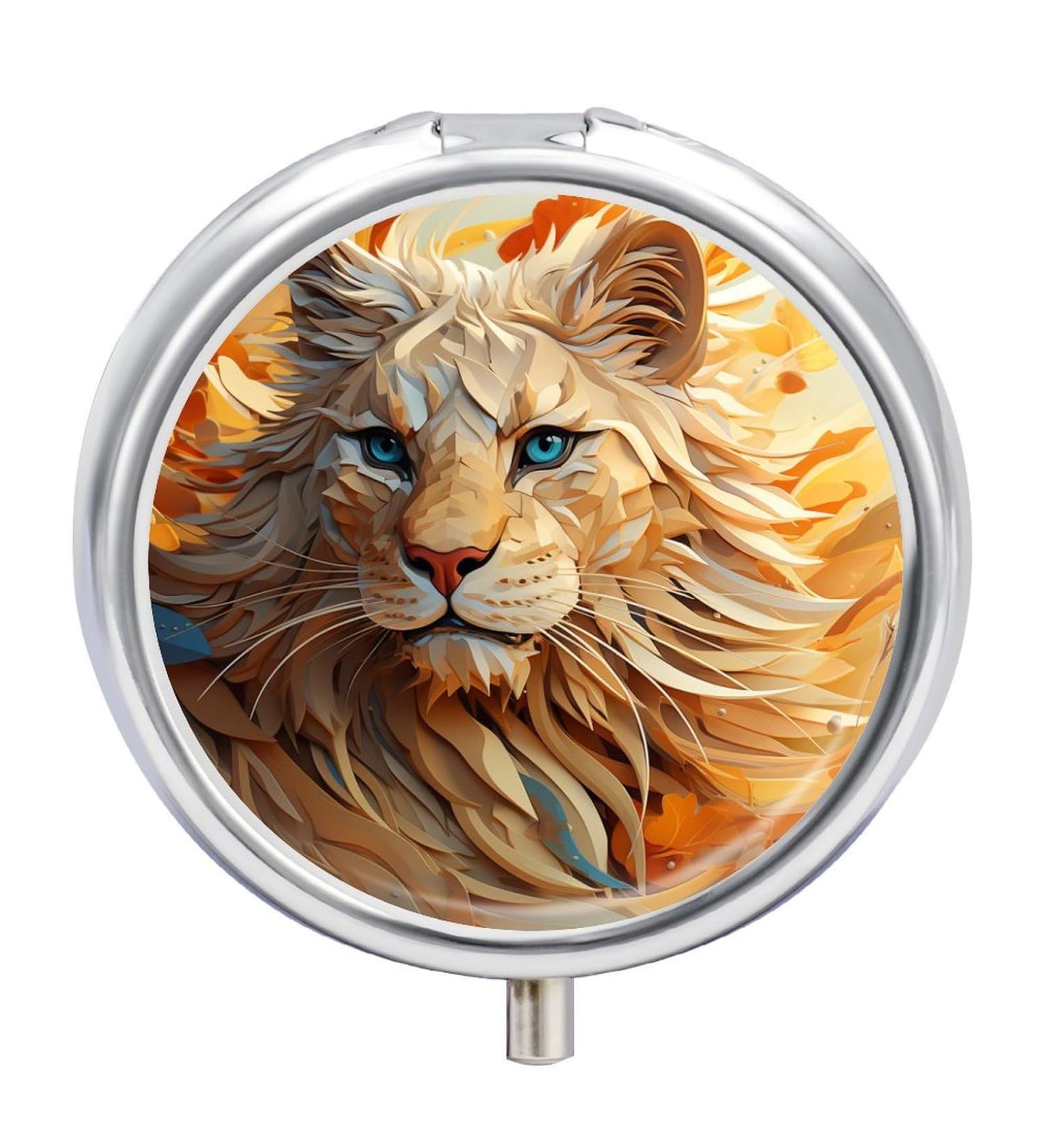 Small Travel Pill Case Round Metal Pill Box for Pocket Purse 3 Compartment Portable Pill Holder Mini Pill Organizer for Travel or Daily - Lion - Buy Online on GoSupps.com