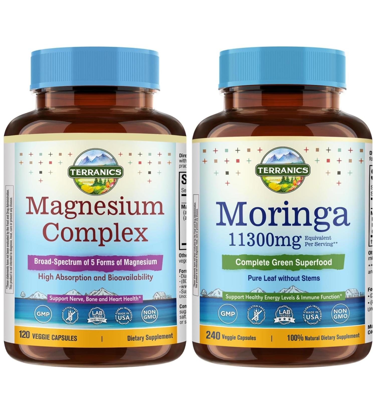Terranics Magnesium Complex & Moringa Capsules Bundle - 500mg 5 Forms Magnesium Glycinate Citrate Malate Aspartate Gluconate + 11300mg Pure Moringa Leaf Powder 120 Caps + 240 Caps - Buy Online on GoSupps.com