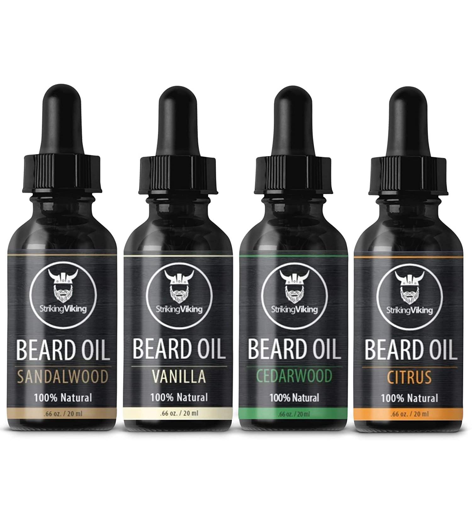 Viking Beard Oil 4 Pack - Softening & Conditioning for Men - Citrus, Vanilla, Sandalwood, Cedarwood Scents - Enriched with Argan & Jojoba Oils - Buy Online on GoSupps.com