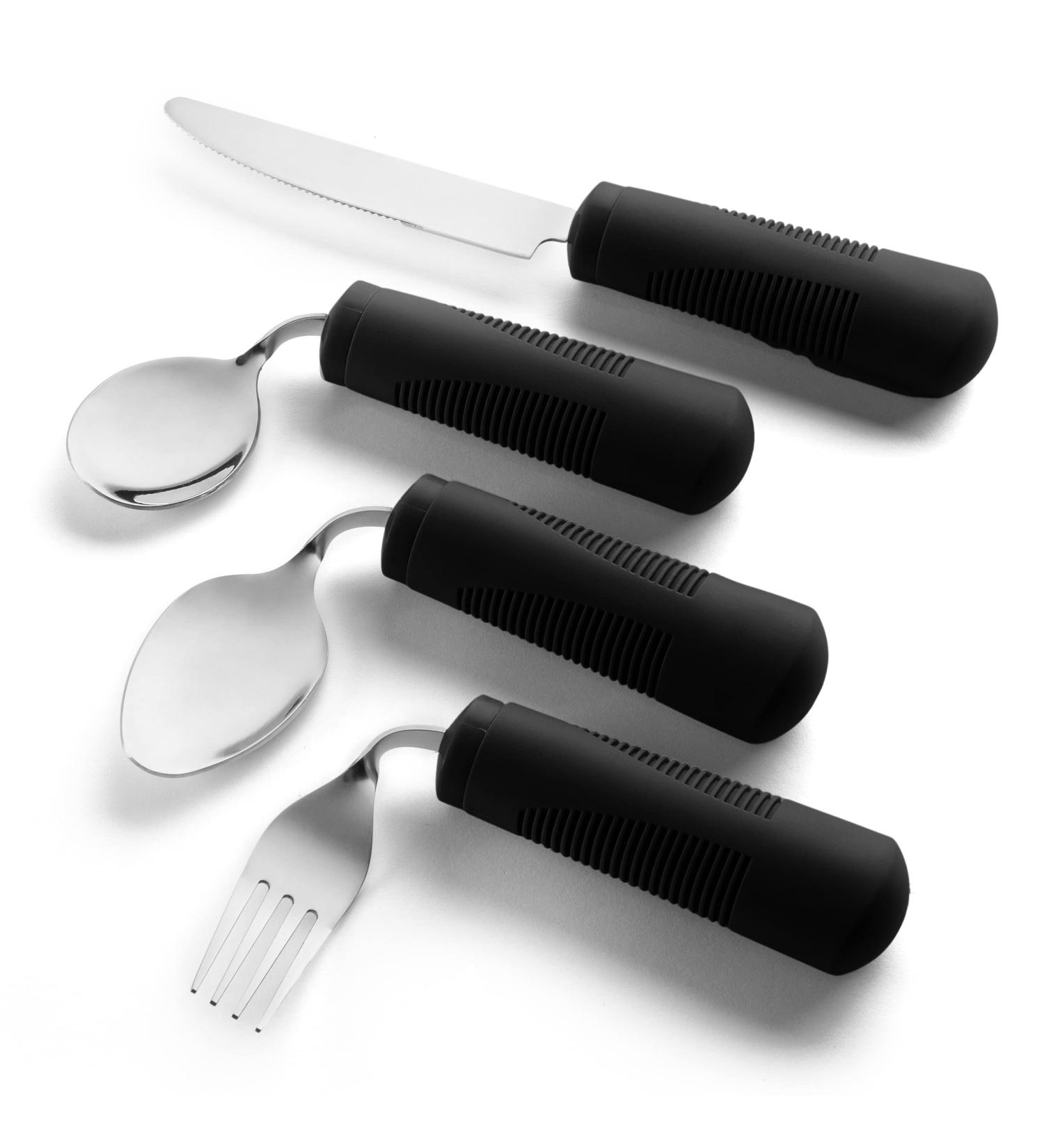 Special Supplies Adaptive Utensils 4-Piece Kitchen Set - Non-Slip Handles for Hand Tremors, Arthritis, Parkinson's - Stainless Steel Knife, Fork, Spoons - Elderly Use - Black Weighted Bendable - Buy Online on GoSupps.com