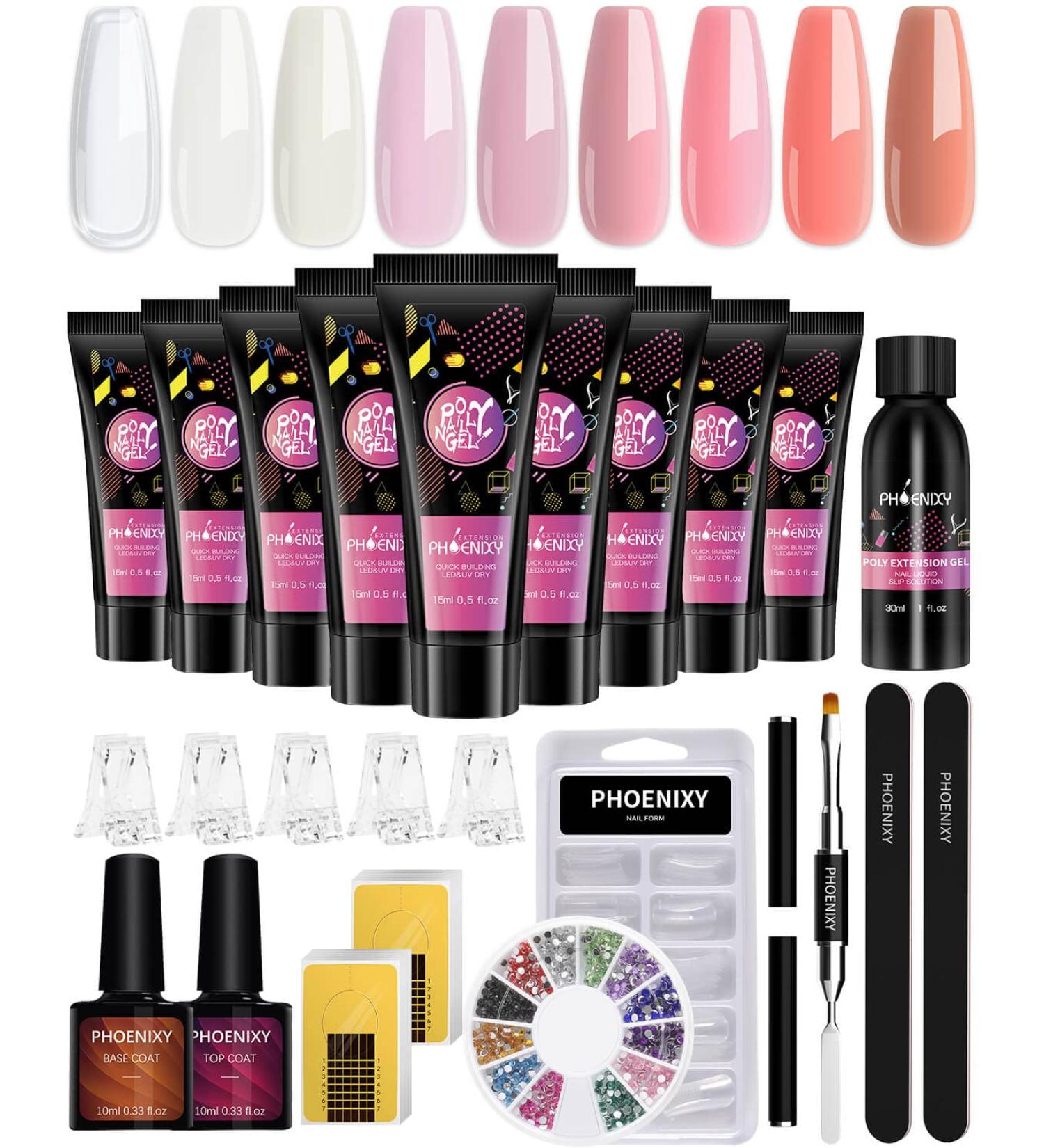 Phoenixy Poly Nail Gel Kit - 9 Colors Extension Builder Top Base Coat Manicure Starter Set for Women - Buy Online on GoSupps.com
