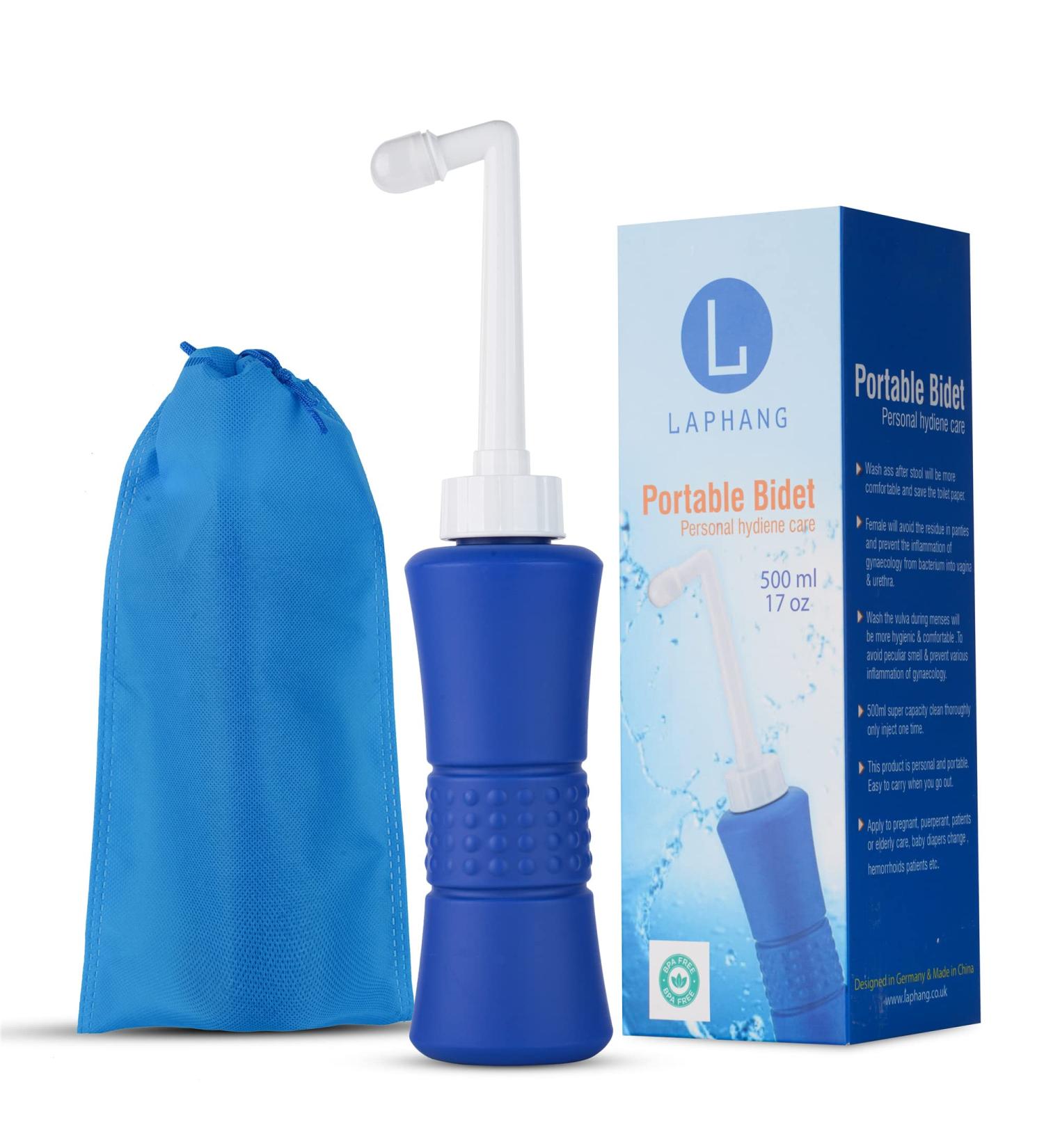 Laphang Portable Bidet 500ml Blue Peri Bottle with Waterproof Pouch and Cap - Leak Proof Perineal Bottle for Postpartum Healing - Maternity Kit Essential - Buy Online on GoSupps.com