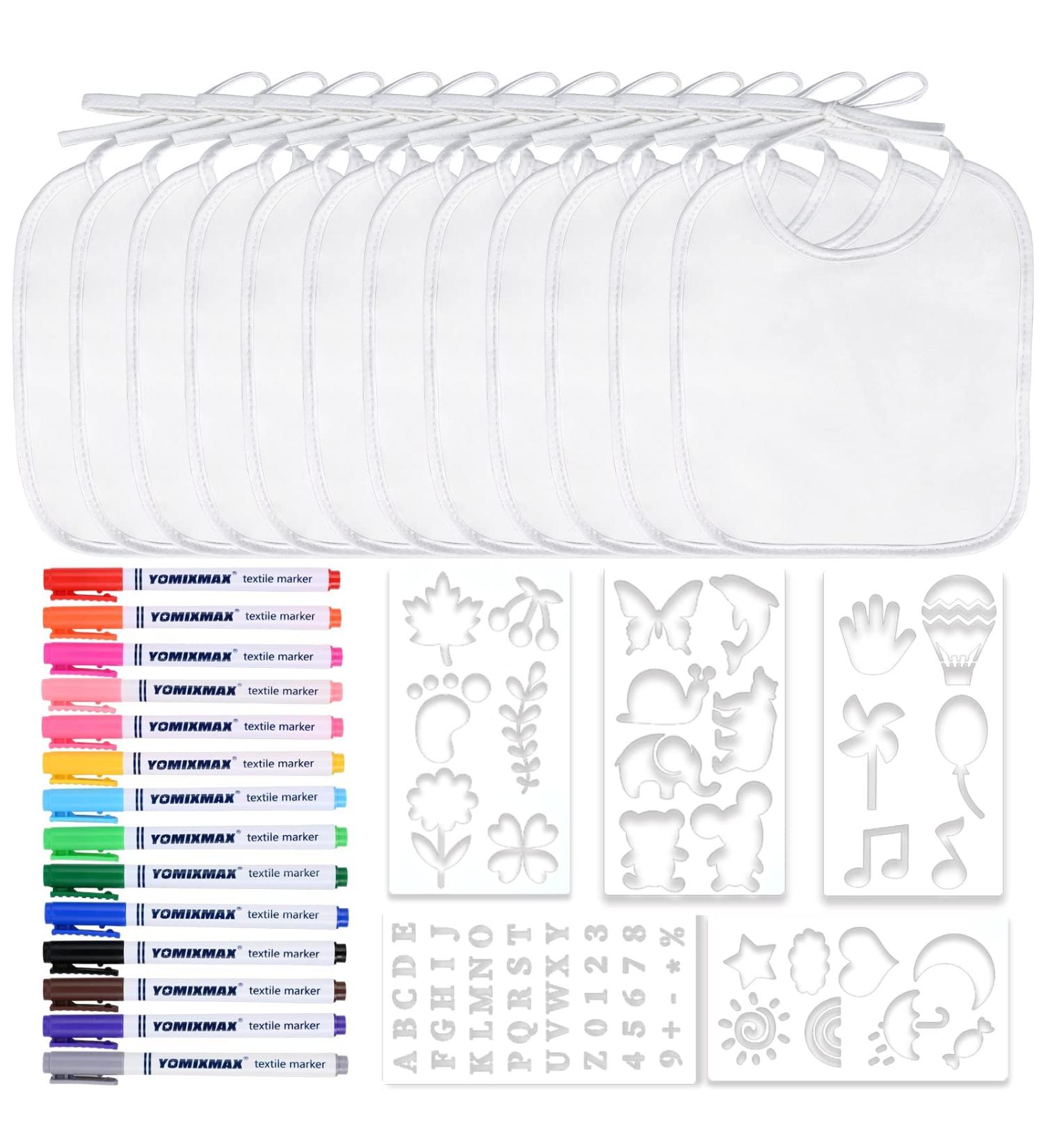 Faburo 12 Pack Baby Bibs - Double-Sided Cotton 14 Colored Textile Pens & 5 Paint Stencils - Ideal for Baby Shower Parties - 20x24cm White Bibs - Buy Online on GoSupps.com