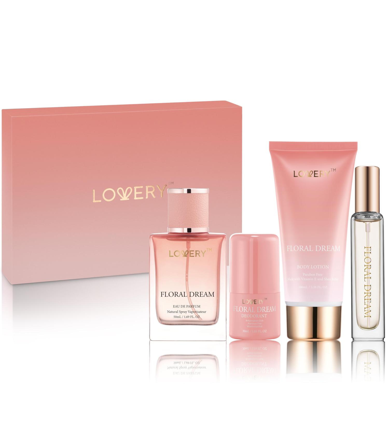 Gift for Women Floral Dream 4 in 1 Womens Perfume & Deodorant Set - 4pc Pink Eau de Parfum Fragrance Sets - Perfumes for Women Gift Set with Non Toxic Antiperspirant Stick Body Lotion & Mini Perfume - Buy Online on GoSupps.com
