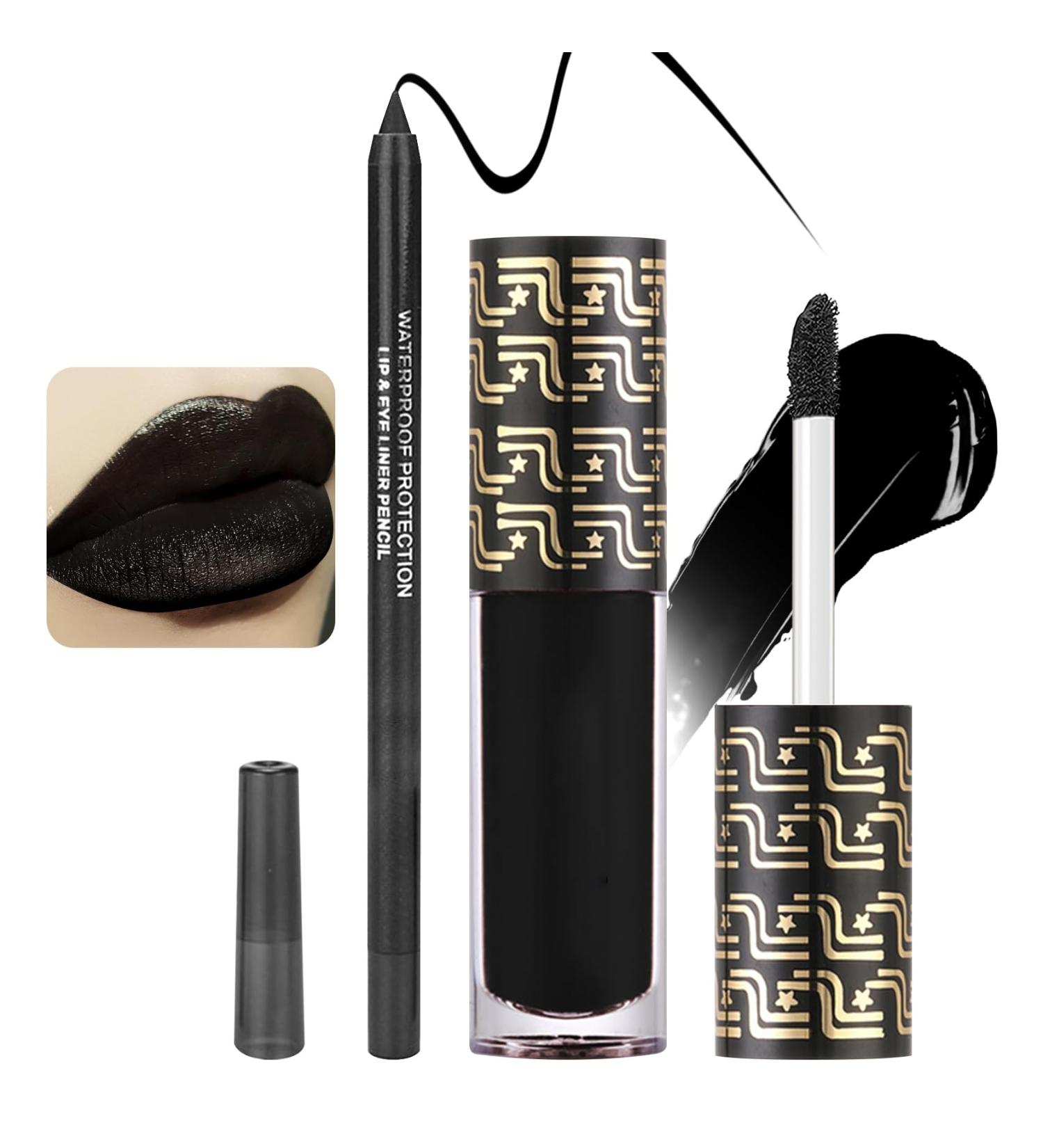 2PCS Black Matte Lip Liner & Lipstick Set - Waterproof Long-Lasting Highly Pigmented Velvet Gloss for Halloween Cosplay & Goth Makeup - Buy Online on GoSupps.com