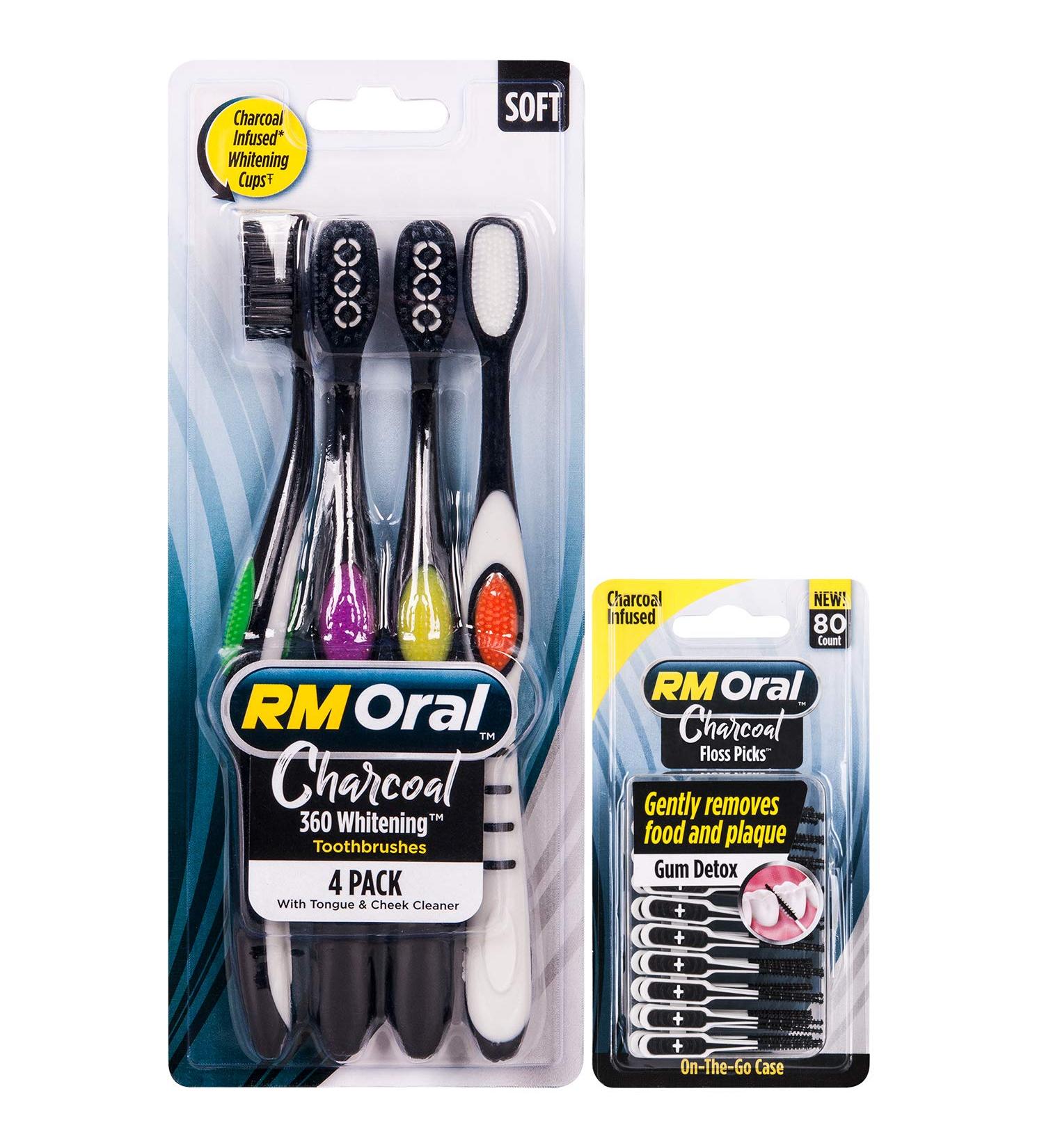RM Charcoal Whitening Soft Brushes 4ct + 80 Count Floss Picks - Oral Care Set - Buy Online on GoSupps.com